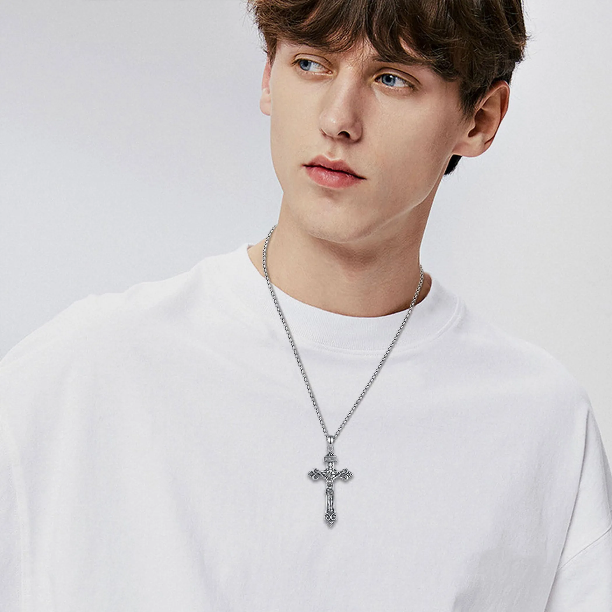AEONSLOVE Collana Crocifisso Uomo Argento 925 Ciondolo Croce Cristiana Donna Medaglia Croce con Gesù Cristo Gioielli Cattolico Cristiani - immagine 5
