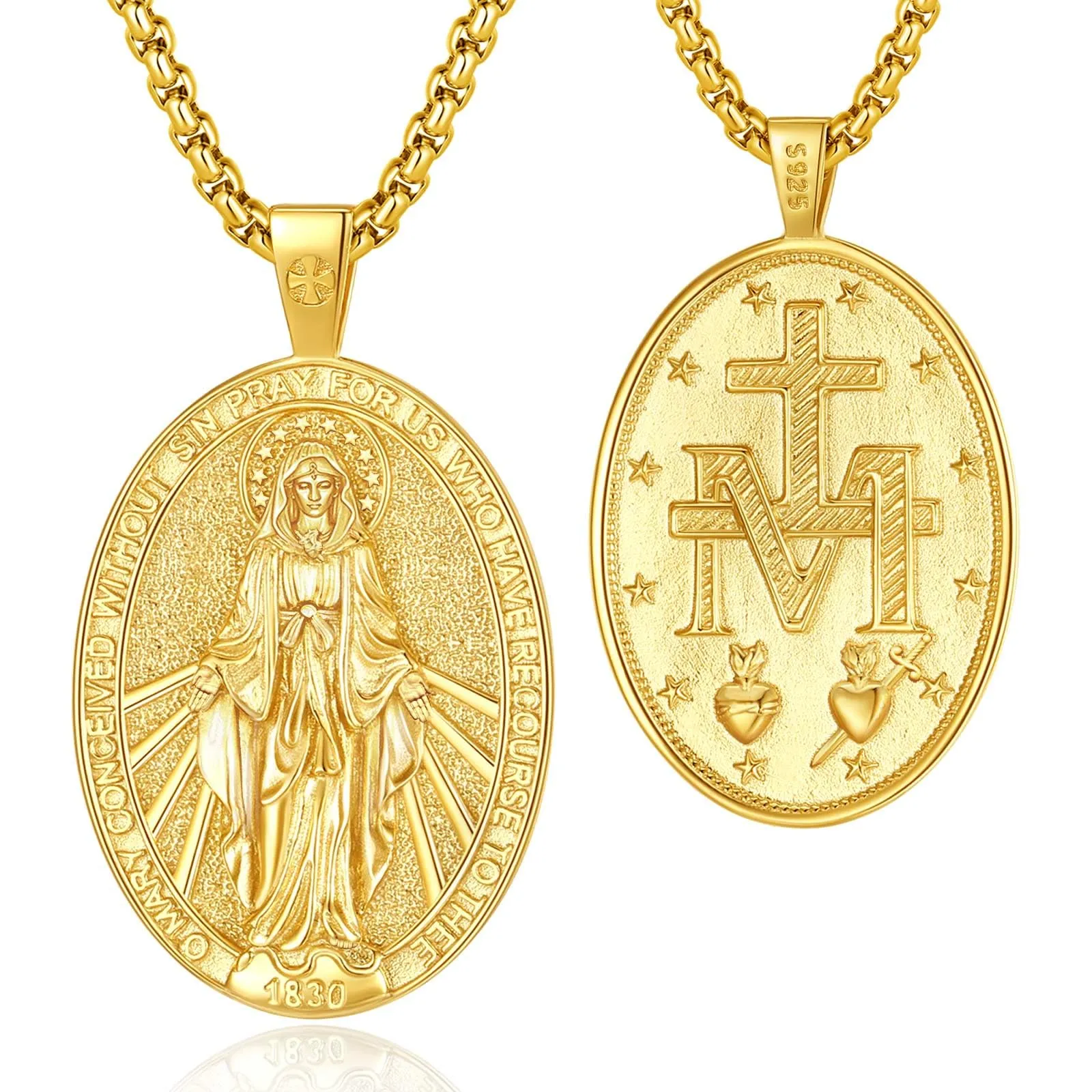 AEONSLOVE Medaglia Miracolosa Argento 925 Collana Vergine Maria Donna Uomo Ciondolo Madonna Delle Grazie Gioielli Cristiano Cattolico Virgin Mary Necklace (d'oro) - immagine 1