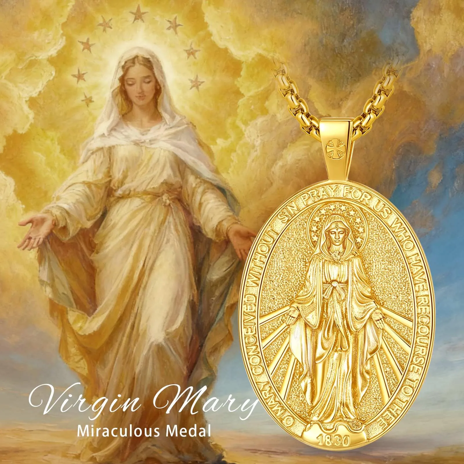 AEONSLOVE Medaglia Miracolosa Argento 925 Collana Vergine Maria Donna Uomo Ciondolo Madonna Delle Grazie Gioielli Cristiano Cattolico Virgin Mary Necklace (d'oro) - immagine 4