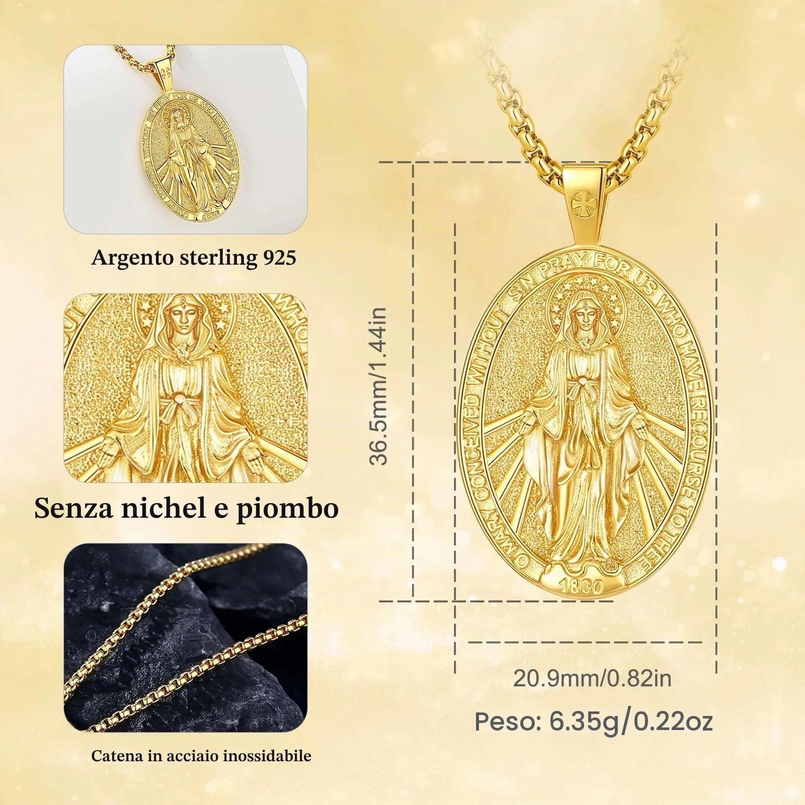 AEONSLOVE Medaglia Miracolosa Argento 925 Collana Vergine Maria Donna Uomo Ciondolo Madonna Delle Grazie Gioielli Cristiano Cattolico Virgin Mary Necklace (d'oro) - immagine 7