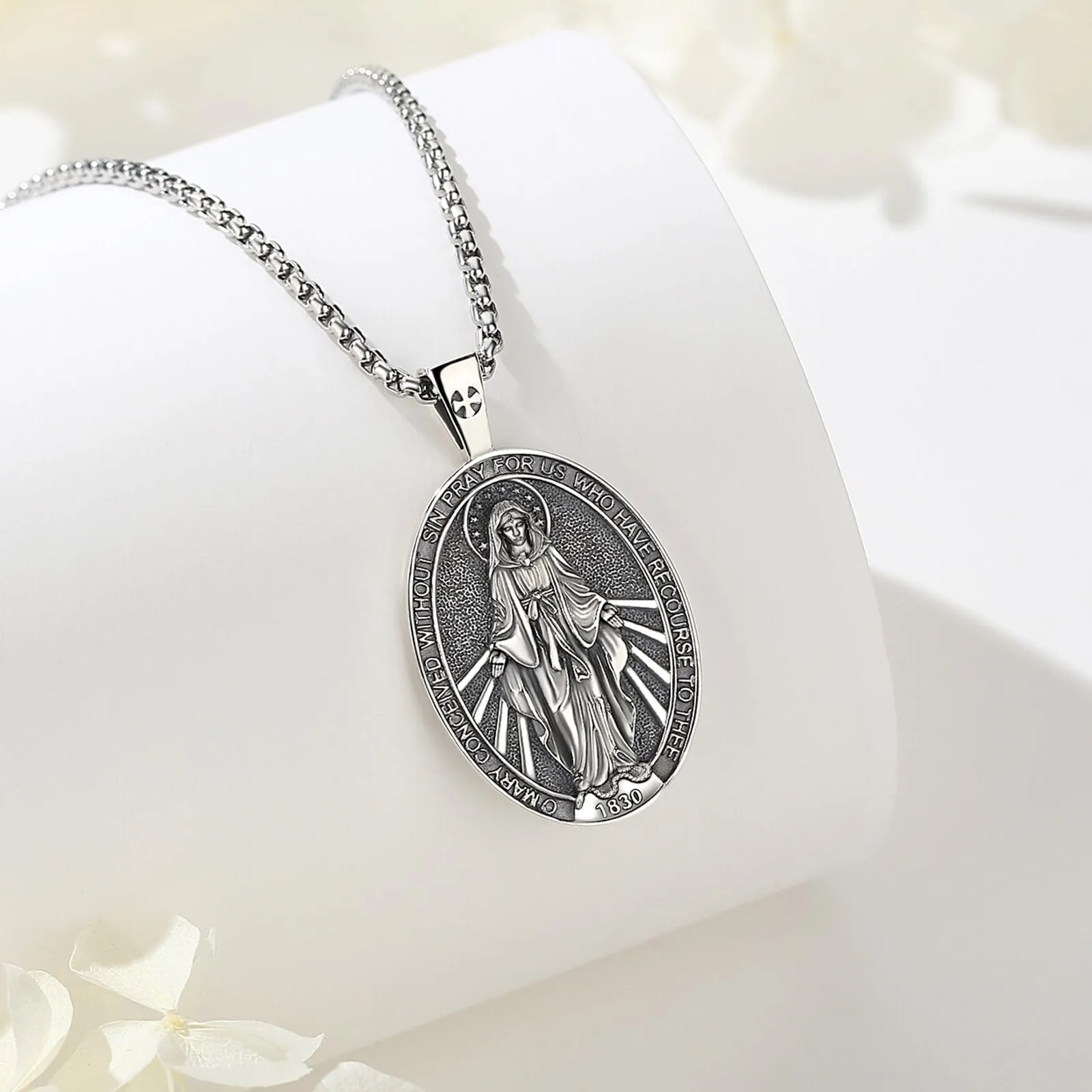 AEONSLOVE Medaglia Miracolosa Argento 925 Collana Vergine Maria Donna Uomo Ciondolo Madonna Delle Grazie Gioielli Cristiano Cattolico Virgin Mary Necklace - immagine 2