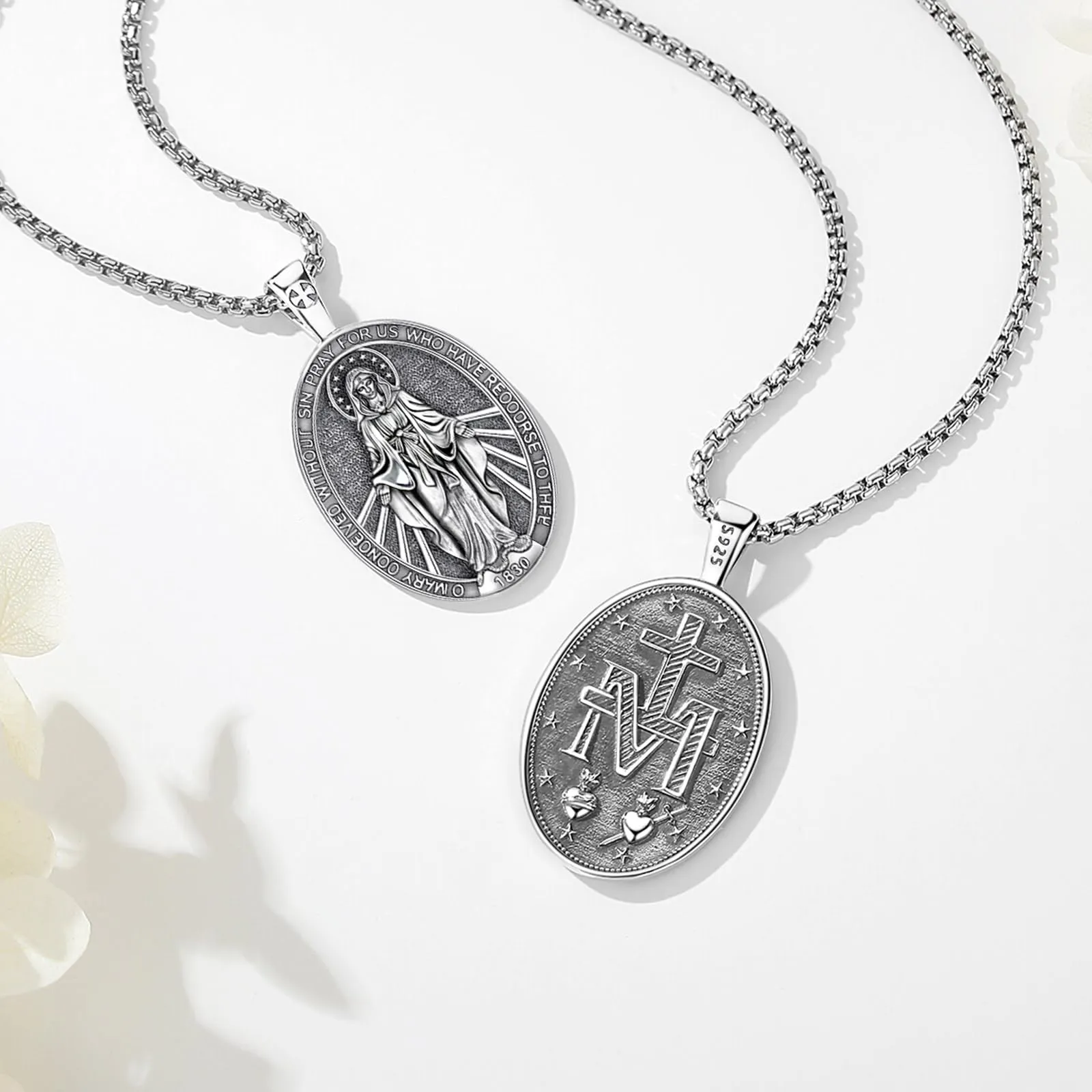 AEONSLOVE Medaglia Miracolosa Argento 925 Collana Vergine Maria Donna Uomo Ciondolo Madonna Delle Grazie Gioielli Cristiano Cattolico Virgin Mary Necklace - immagine 3
