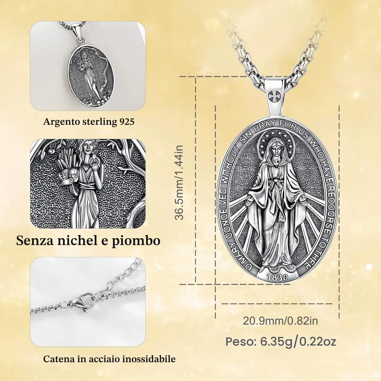 AEONSLOVE Medaglia Miracolosa Argento 925 Collana Vergine Maria Donna Uomo Ciondolo Madonna Delle Grazie Gioielli Cristiano Cattolico Virgin Mary Necklace - immagine 4