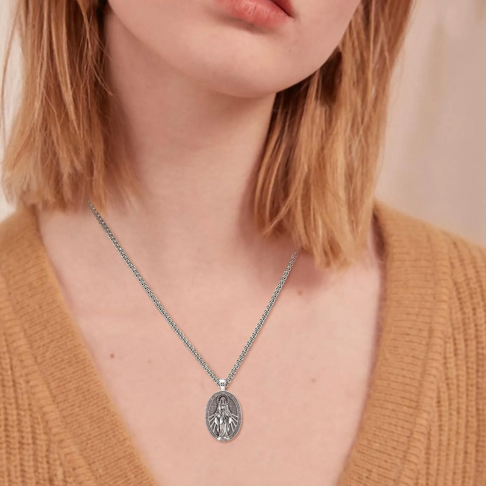 AEONSLOVE Medaglia Miracolosa Argento 925 Collana Vergine Maria Donna Uomo Ciondolo Madonna Delle Grazie Gioielli Cristiano Cattolico Virgin Mary Necklace - immagine 5