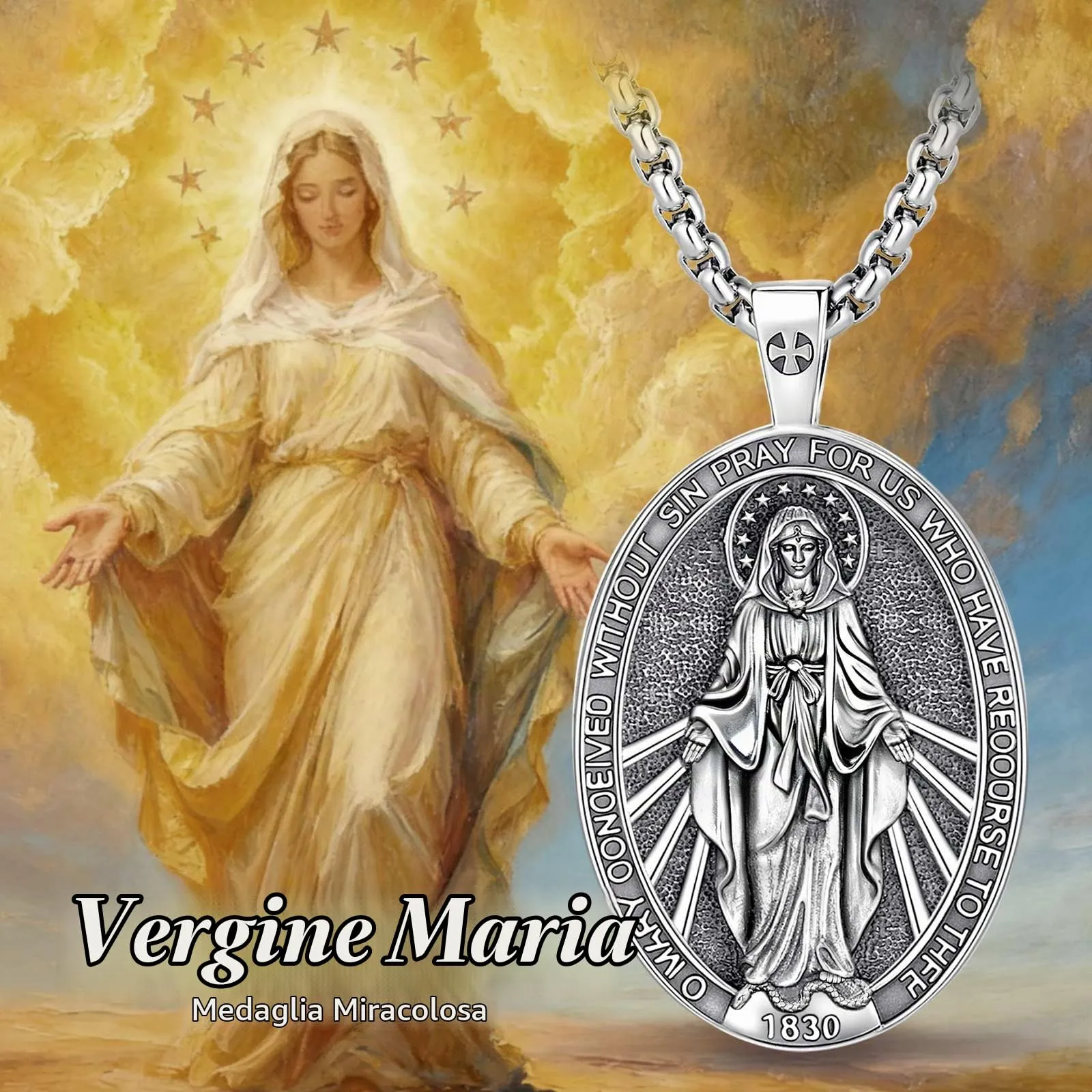 AEONSLOVE Medaglia Miracolosa Argento 925 Collana Vergine Maria Donna Uomo Ciondolo Madonna Delle Grazie Gioielli Cristiano Cattolico Virgin Mary Necklace - immagine 7