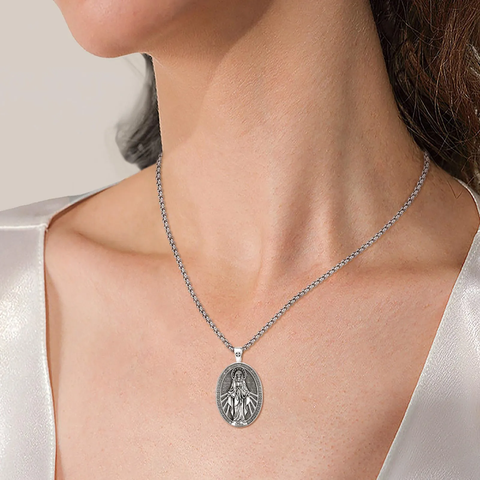 AEONSLOVE Medaglia Miracolosa Argento 925 Collana Vergine Maria Donna Uomo Ciondolo Madonna Delle Grazie Gioielli Cristiano Cattolico Virgin Mary Necklace - immagine 9