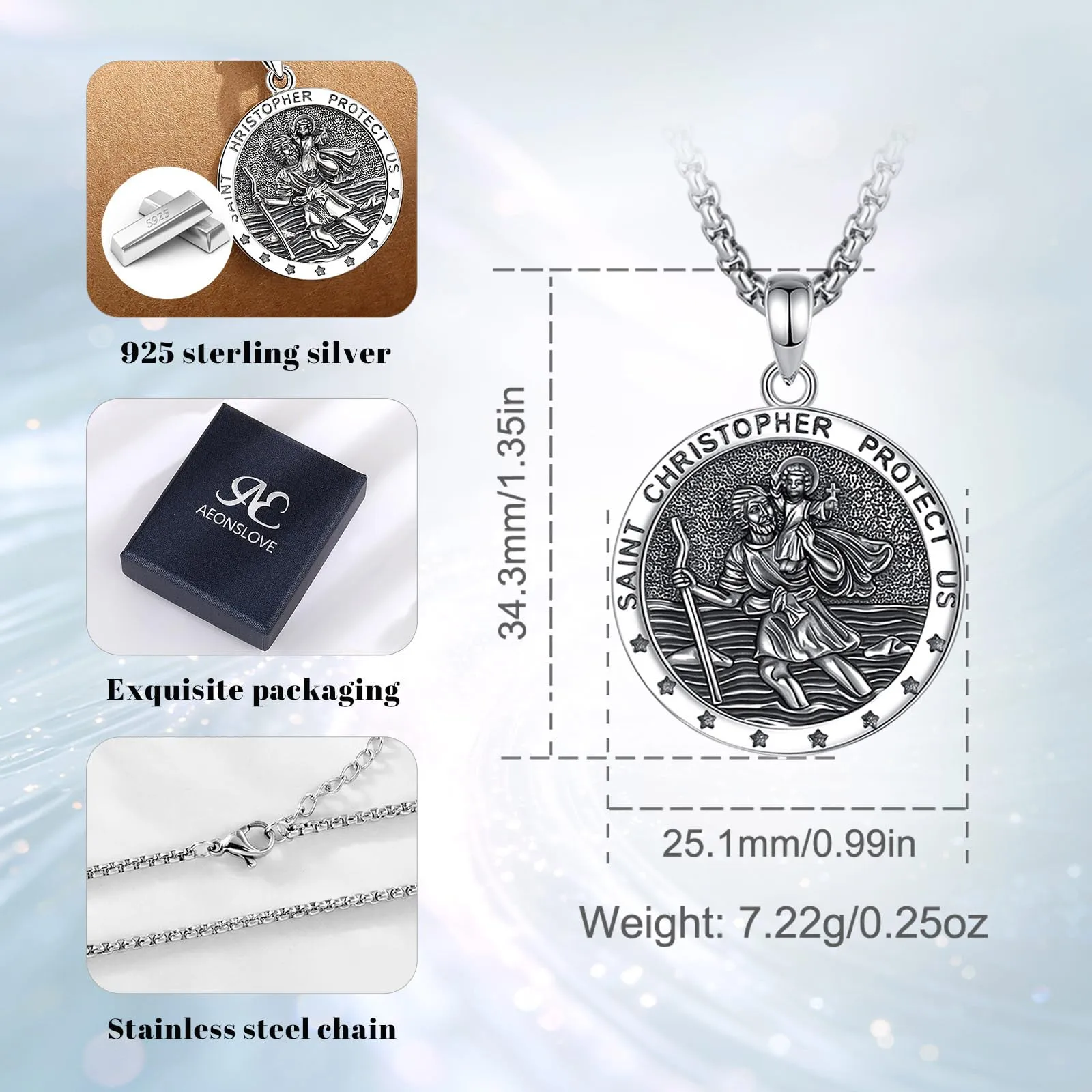 AEONSLOVE Medaglia San Cristoforo Argento 925 Uomo Donna Collana San Cristoforo St Christopher Pendant for men Ciondolo Protettore degli Automobilisti Cattolico Cristiani Gioielli Religiosi - immagine 4