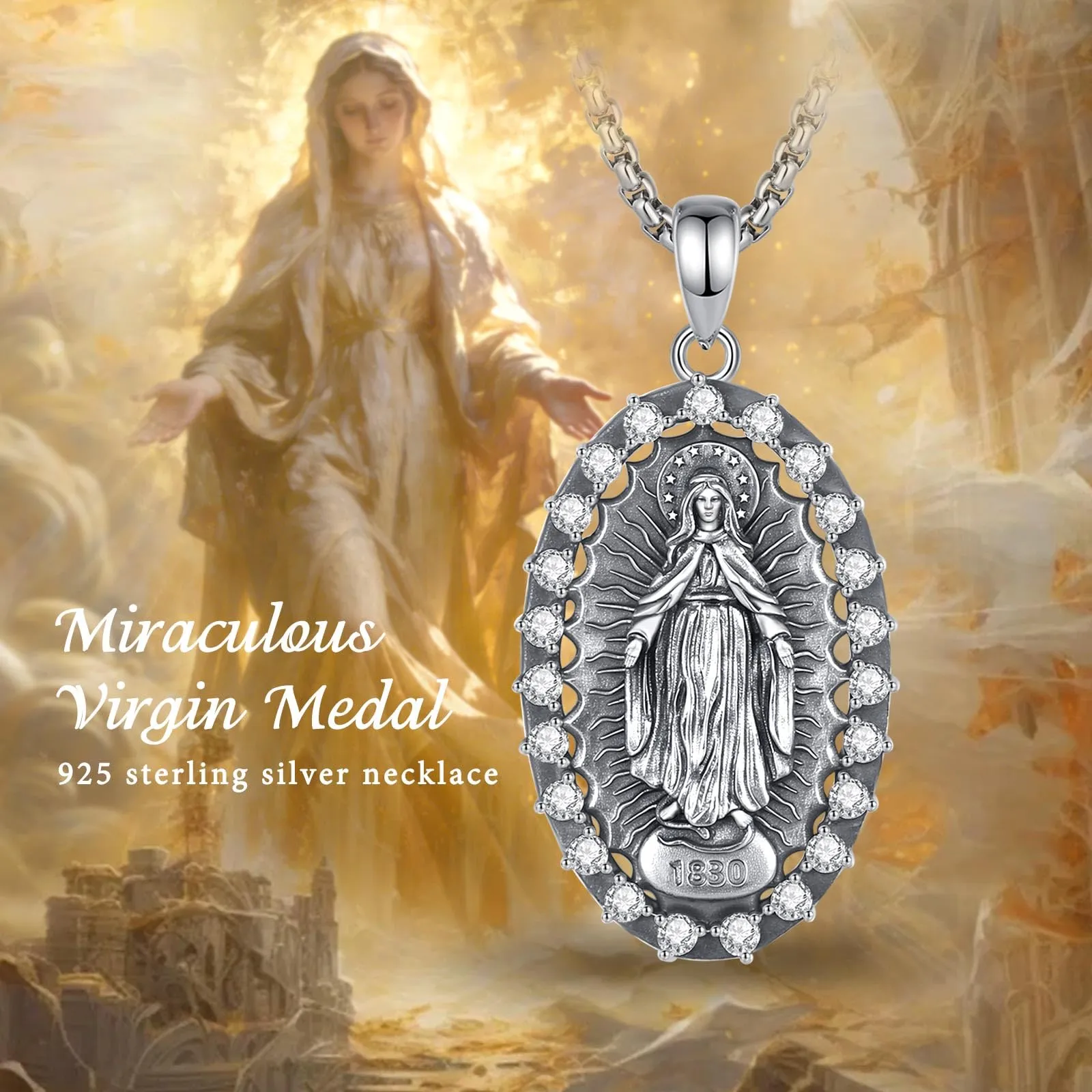 AEONSLOVE Medaglia Miracolosa Argento 925 Collana Vergine Maria Donna Uomo Ciondolo Madonna Miracolosa Delle Grazie Gioielli Cristiano Cattolico Virgin Mary Necklace - immagine 7