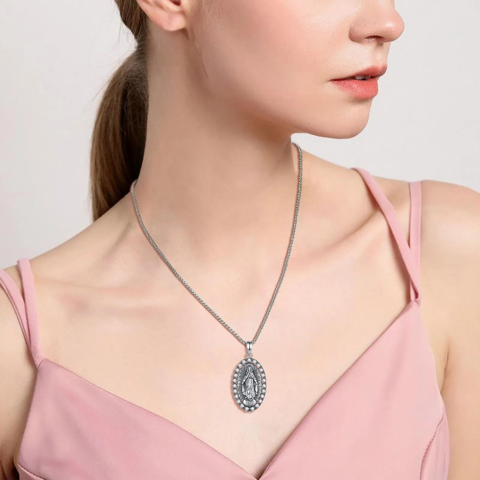 AEONSLOVE Medaglia Miracolosa Argento 925 Collana Vergine Maria Donna Uomo Ciondolo Madonna Miracolosa Delle Grazie Gioielli Cristiano Cattolico Virgin Mary Necklace - immagine 8