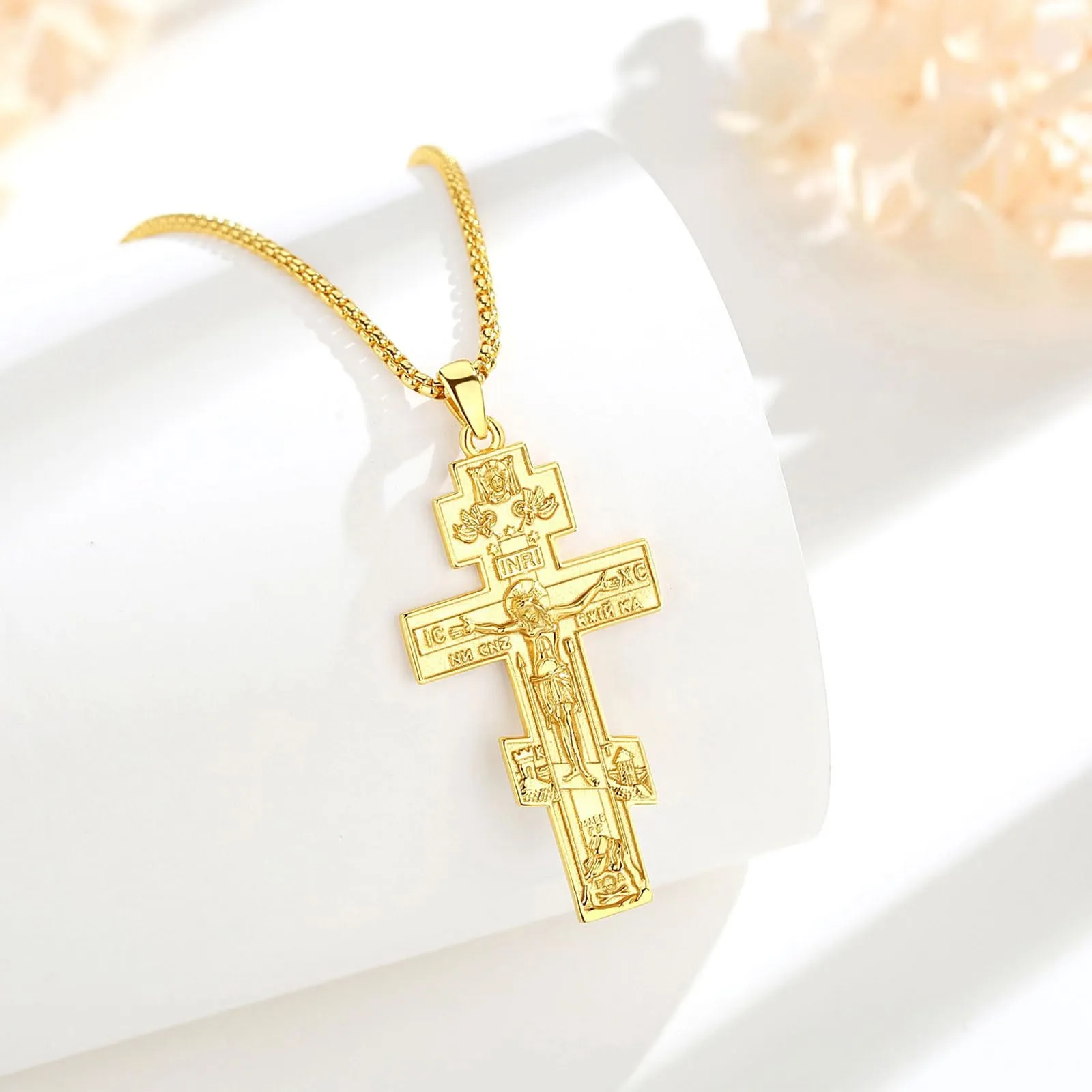 AEONSLOVE Collana Croce Ortodossa Uomo Argento 925 Crocifisso Ciondolo con Croce Cattolica Donna Medaglia Crocifissi Gesù Cristo Gioielli Cristiani Cattolici (D'oro) - immagine 2