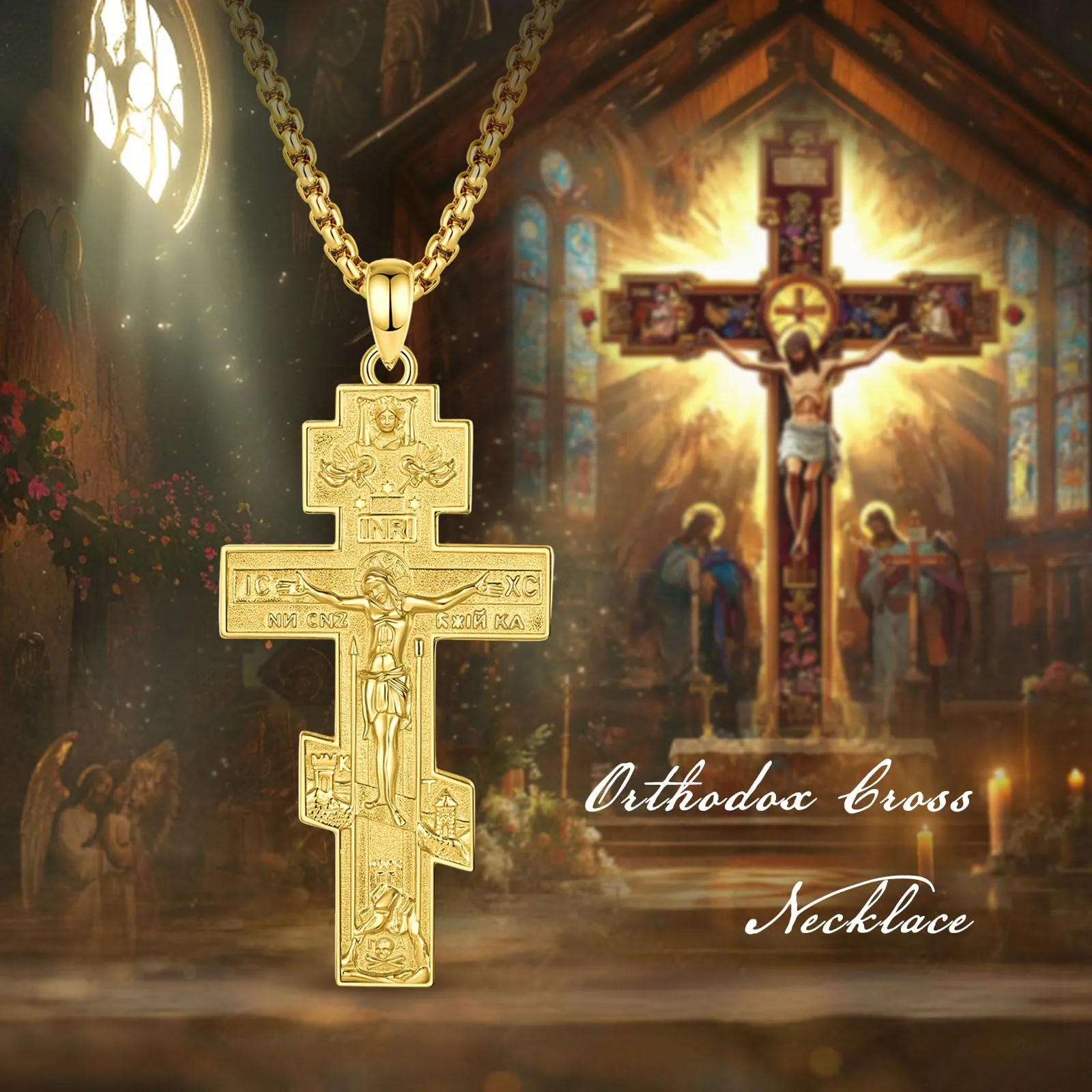 AEONSLOVE Collana Croce Ortodossa Uomo Argento 925 Crocifisso Ciondolo con Croce Cattolica Donna Medaglia Crocifissi Gesù Cristo Gioielli Cristiani Cattolici (D'oro) - immagine 4