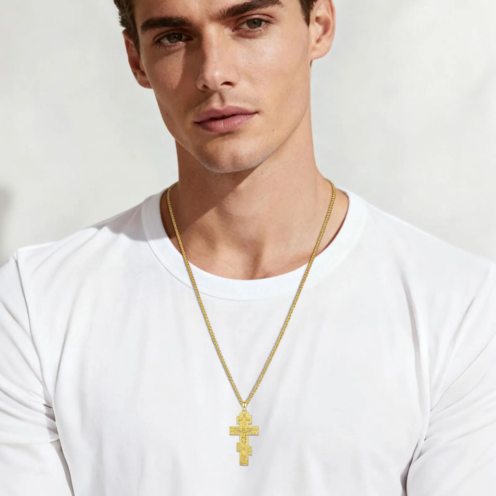 AEONSLOVE Collana Croce Ortodossa Uomo Argento 925 Crocifisso Ciondolo con Croce Cattolica Donna Medaglia Crocifissi Gesù Cristo Gioielli Cristiani Cattolici (D'oro) - immagine 5