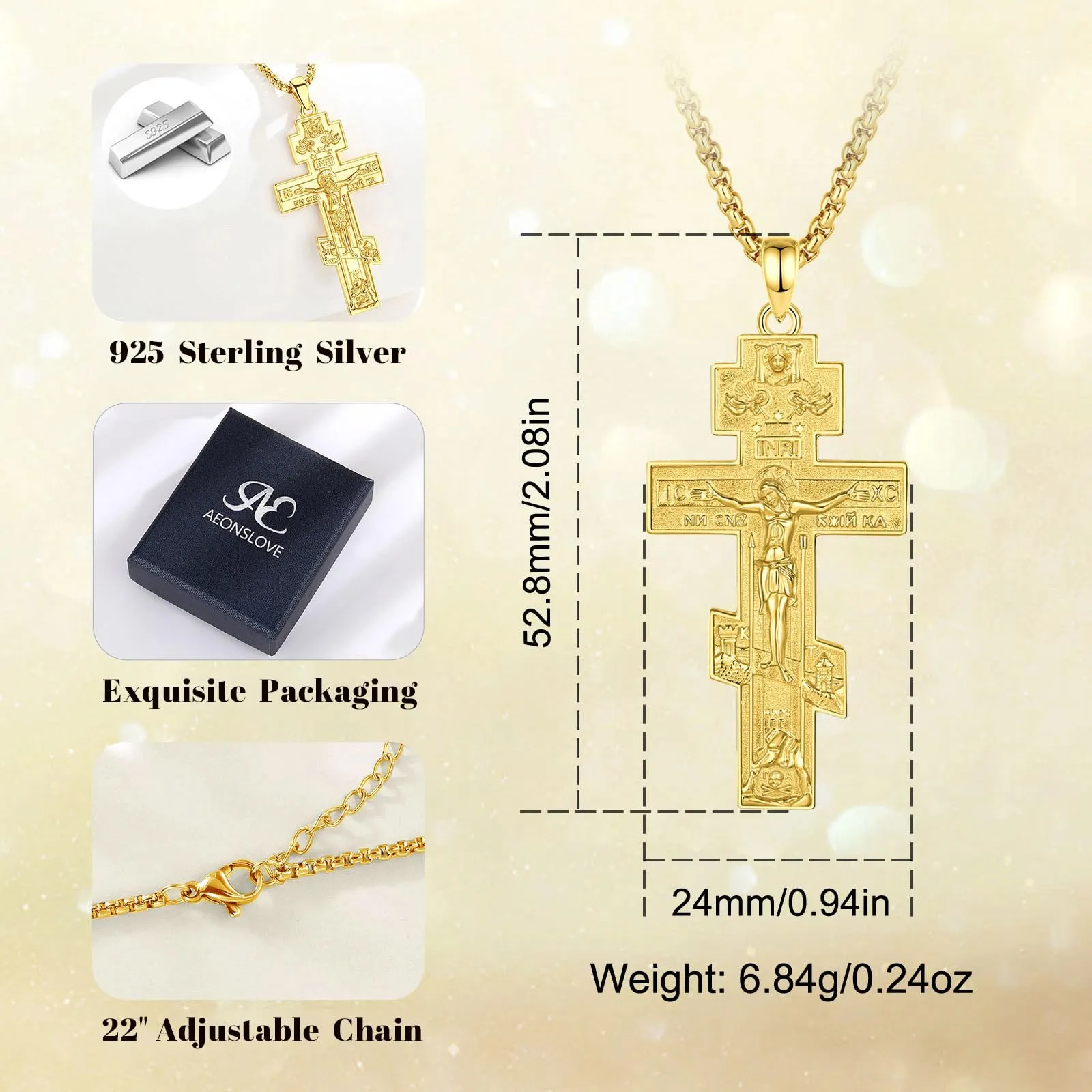AEONSLOVE Collana Croce Ortodossa Uomo Argento 925 Crocifisso Ciondolo con Croce Cattolica Donna Medaglia Crocifissi Gesù Cristo Gioielli Cristiani Cattolici (D'oro) - immagine 7