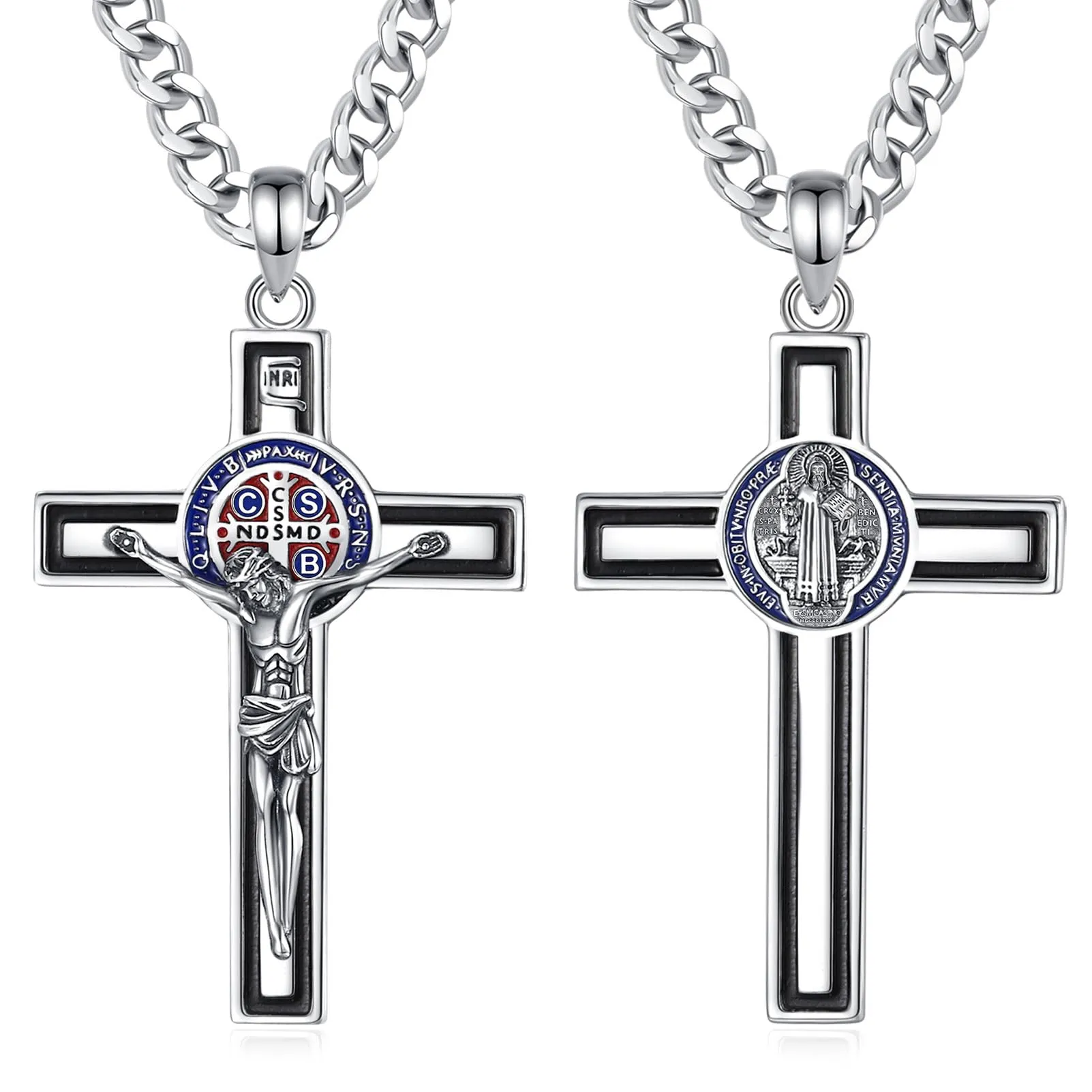 AEONSLOVE Collana Croce di San Benedetto Argento 925 Collana con Crocifisso Uomo Ciondolo Croce Cristiana Donna Medaglia San Benedetto Gesù Cristo Gioielli Cattolico Cristiani - immagine 1