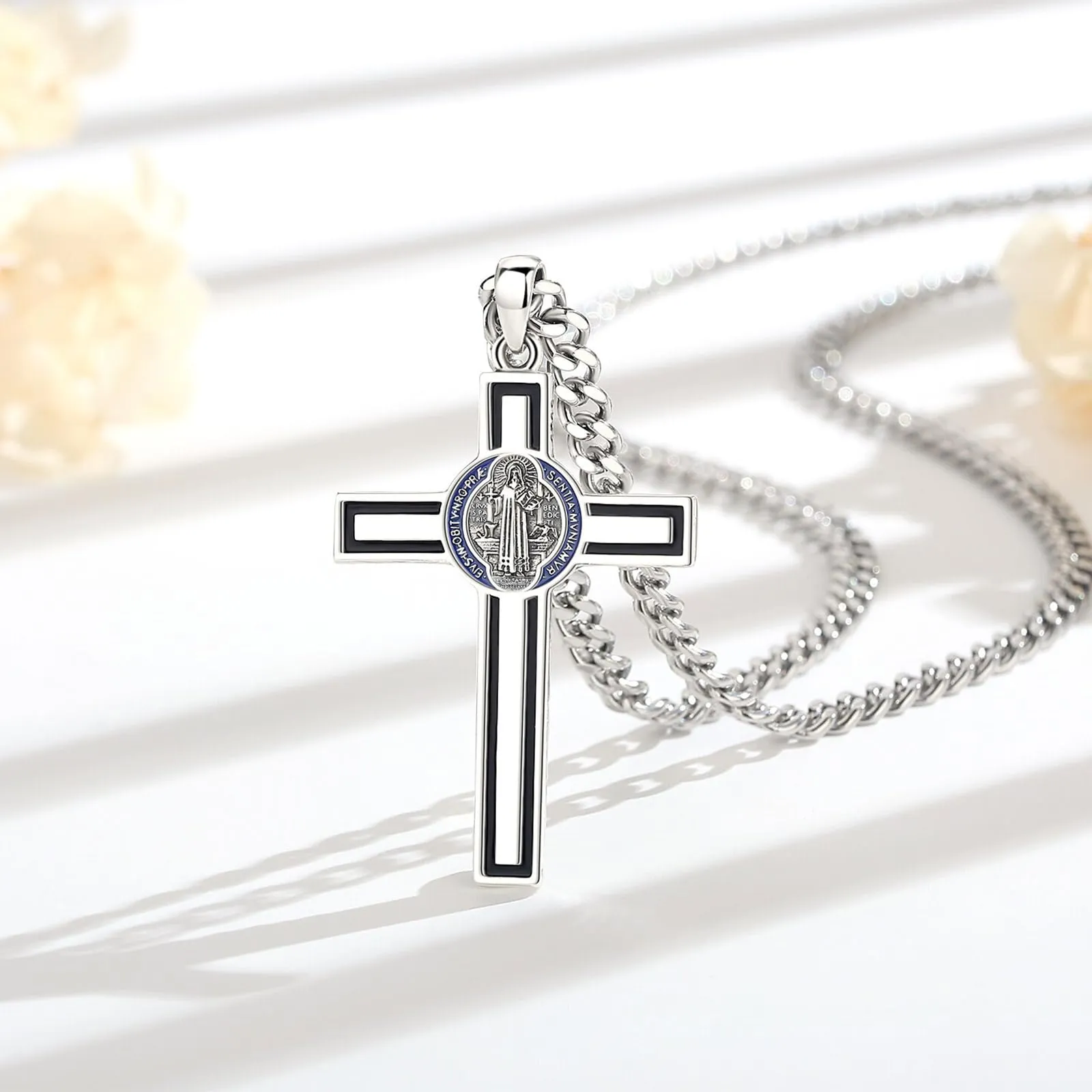AEONSLOVE Collana Croce di San Benedetto Argento 925 Collana con Crocifisso Uomo Ciondolo Croce Cristiana Donna Medaglia San Benedetto Gesù Cristo Gioielli Cattolico Cristiani - immagine 2