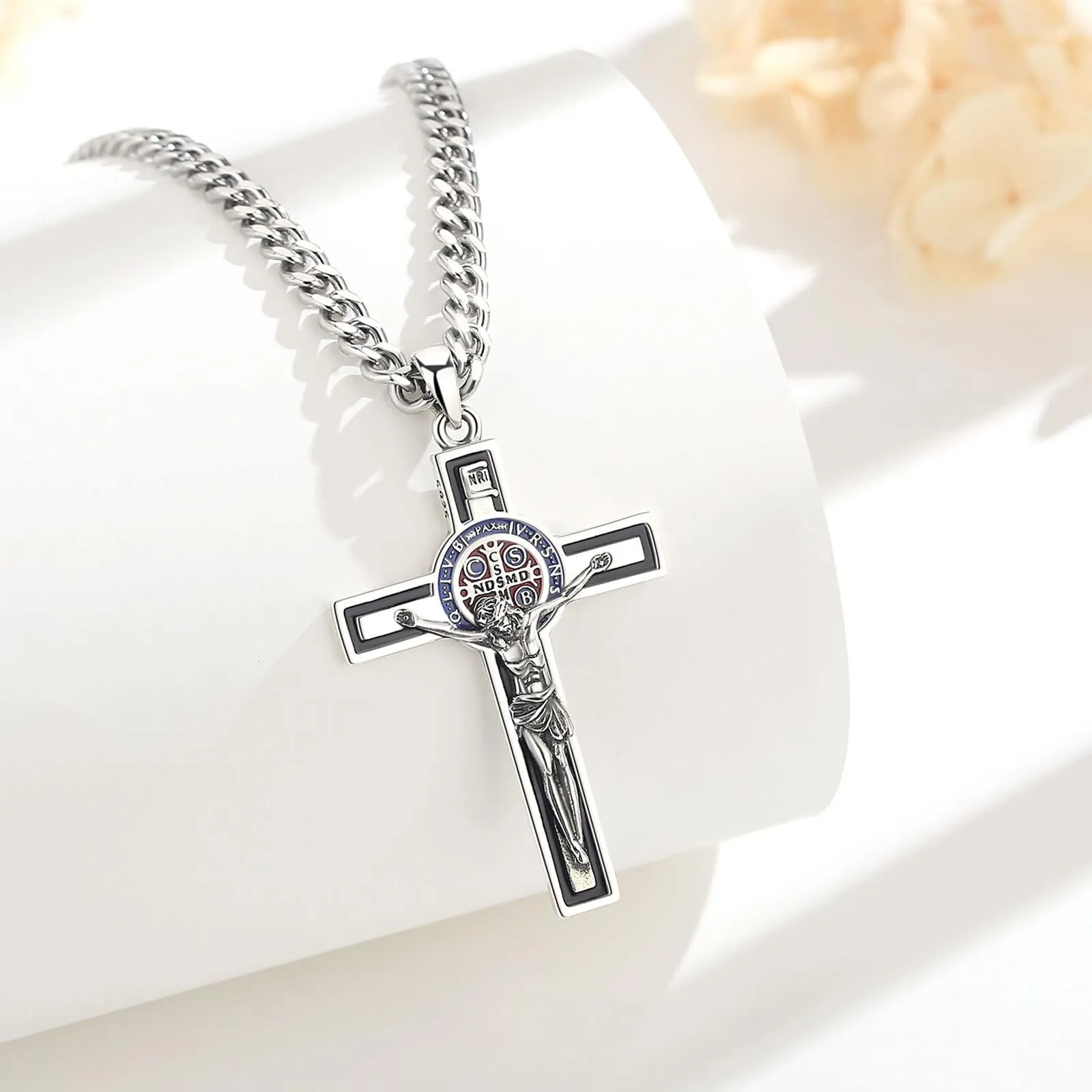 AEONSLOVE Collana Croce di San Benedetto Argento 925 Collana con Crocifisso Uomo Ciondolo Croce Cristiana Donna Medaglia San Benedetto Gesù Cristo Gioielli Cattolico Cristiani - immagine 3