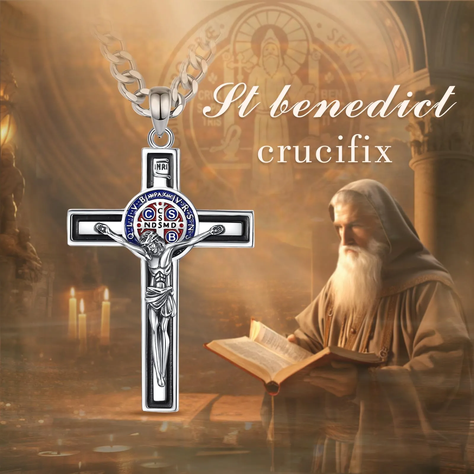AEONSLOVE Collana Croce di San Benedetto Argento 925 Collana con Crocifisso Uomo Ciondolo Croce Cristiana Donna Medaglia San Benedetto Gesù Cristo Gioielli Cattolico Cristiani - immagine 4