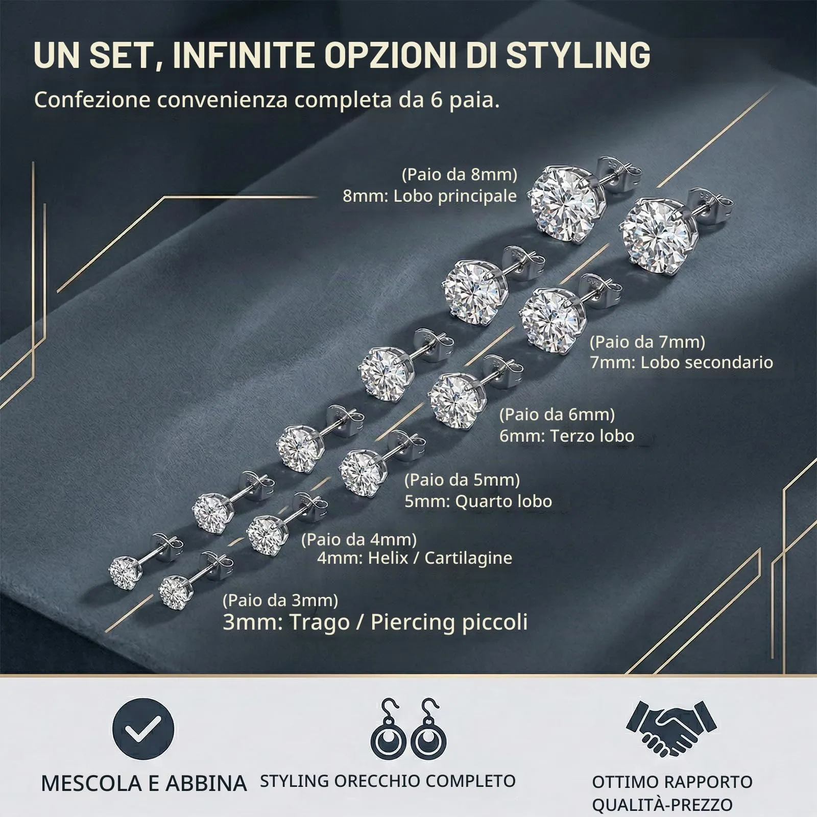 JYXNU 6 Paia di Orecchini a Bottone in Argento, Orecchini Uomo Diamante, Orecchini da Uomo in Acciaio Inossidabile da Donna, Orecchini in zircone con Orecchio Scintillante Morbido, Uomo Donna - immagine 2