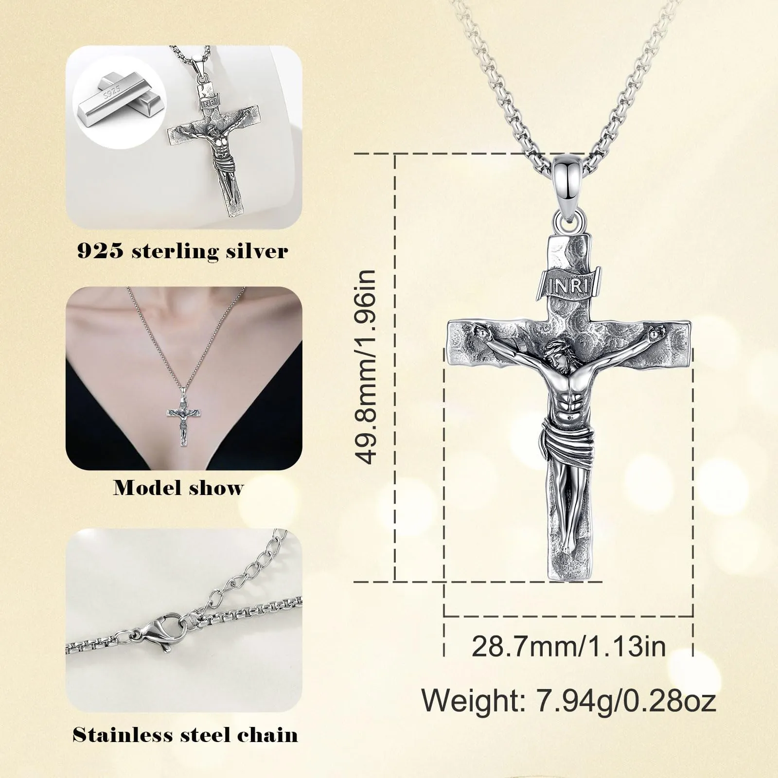 AEONSLOVE Collana Crocifisso Uomo Donna Ciondolo Croce Cristiana Argento 925 Medaglia Croce con Gesù Cristo Gioielli Cristiani Cattolici - immagine 4