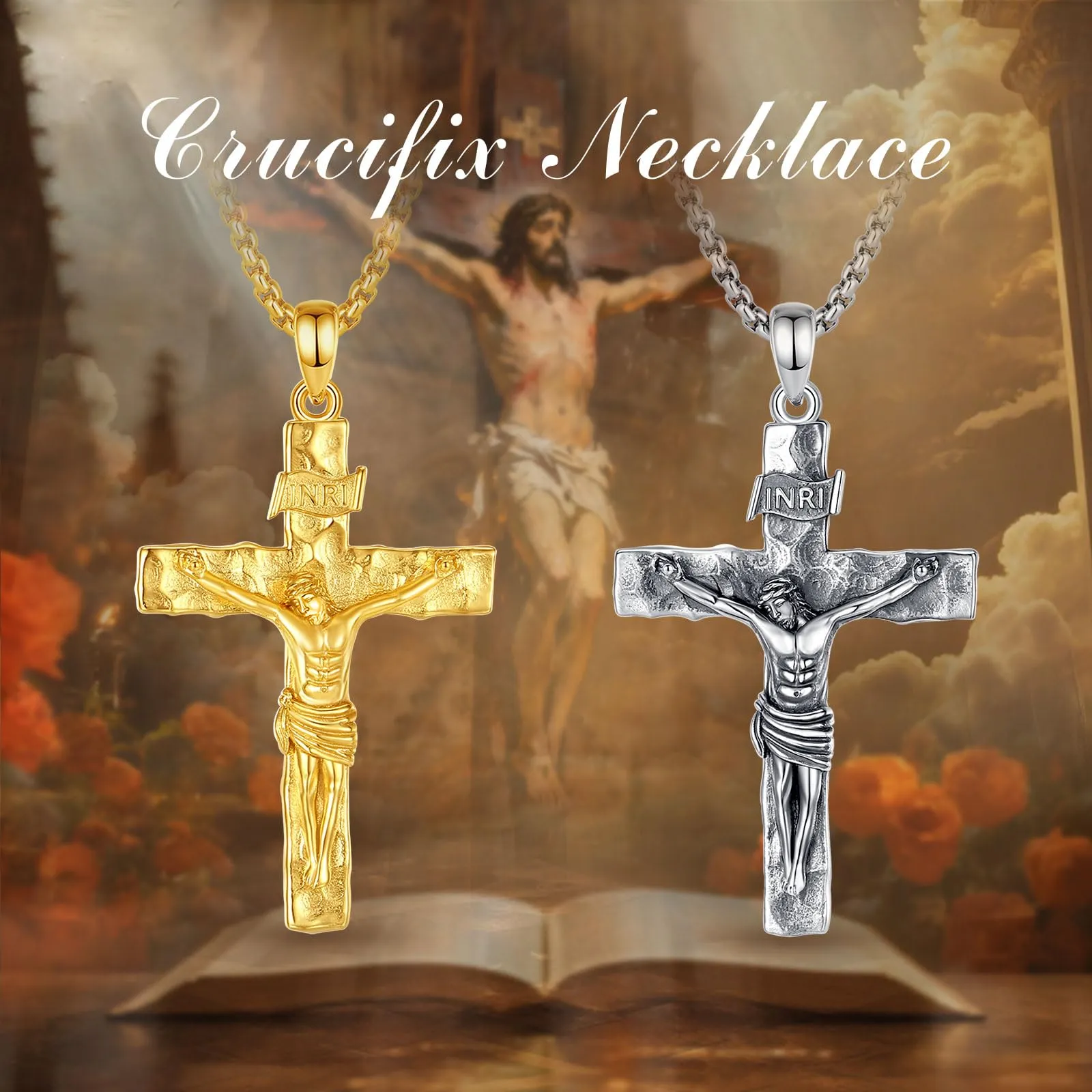 AEONSLOVE Collana Crocifisso Uomo Donna Ciondolo Croce Cristiana Argento 925 Medaglia Croce con Gesù Cristo Gioielli Cristiani Cattolici - immagine 7