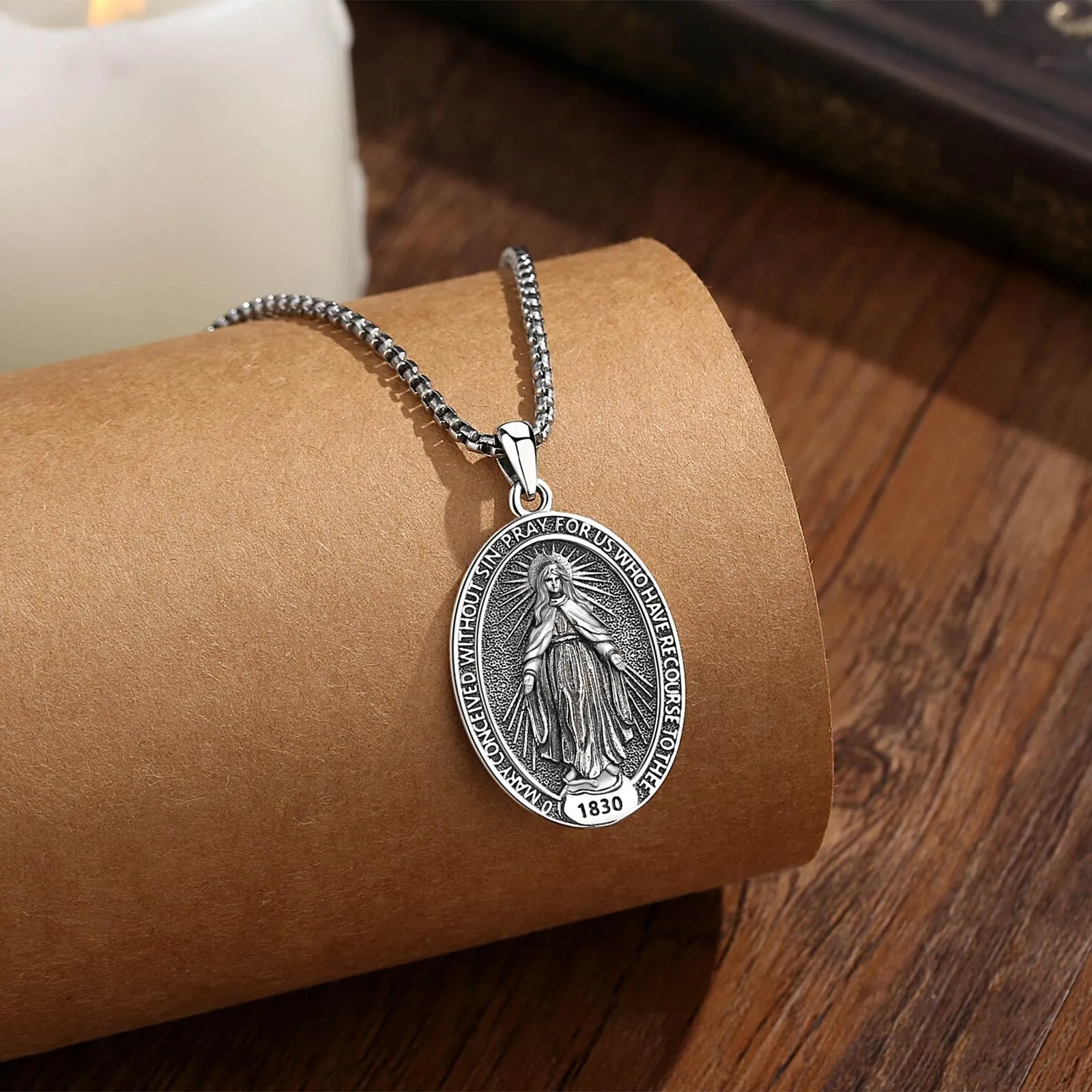 AEONSLOVE Collana Vergine Maria Donna Uomo Medaglia Miracolosa Argento 925 Ciondolo Madonna Miracolosa Delle Grazie Gioielli Cristiano Cattolico Virgin Mary Necklace - immagine 2
