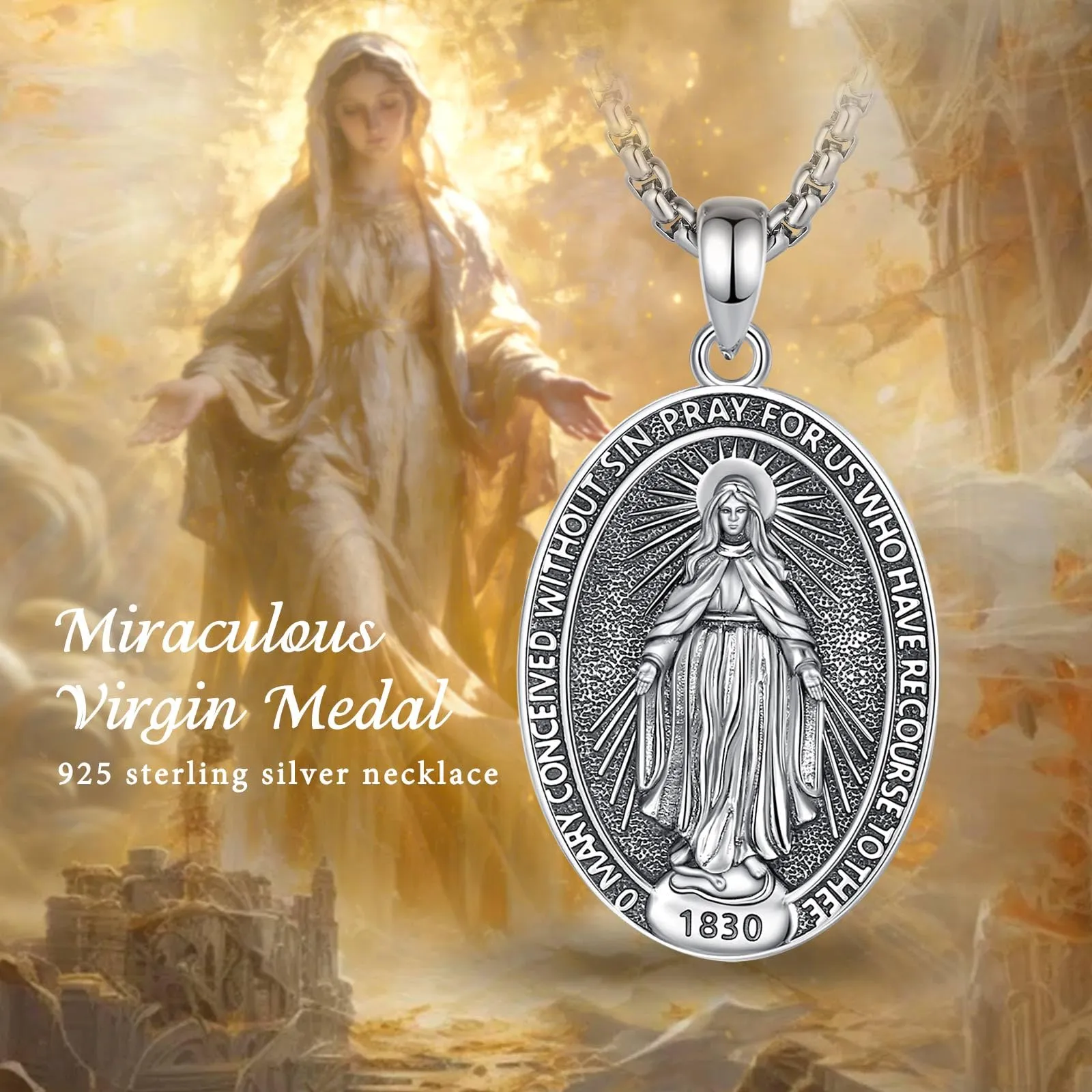 AEONSLOVE Collana Vergine Maria Donna Uomo Medaglia Miracolosa Argento 925 Ciondolo Madonna Miracolosa Delle Grazie Gioielli Cristiano Cattolico Virgin Mary Necklace - immagine 4