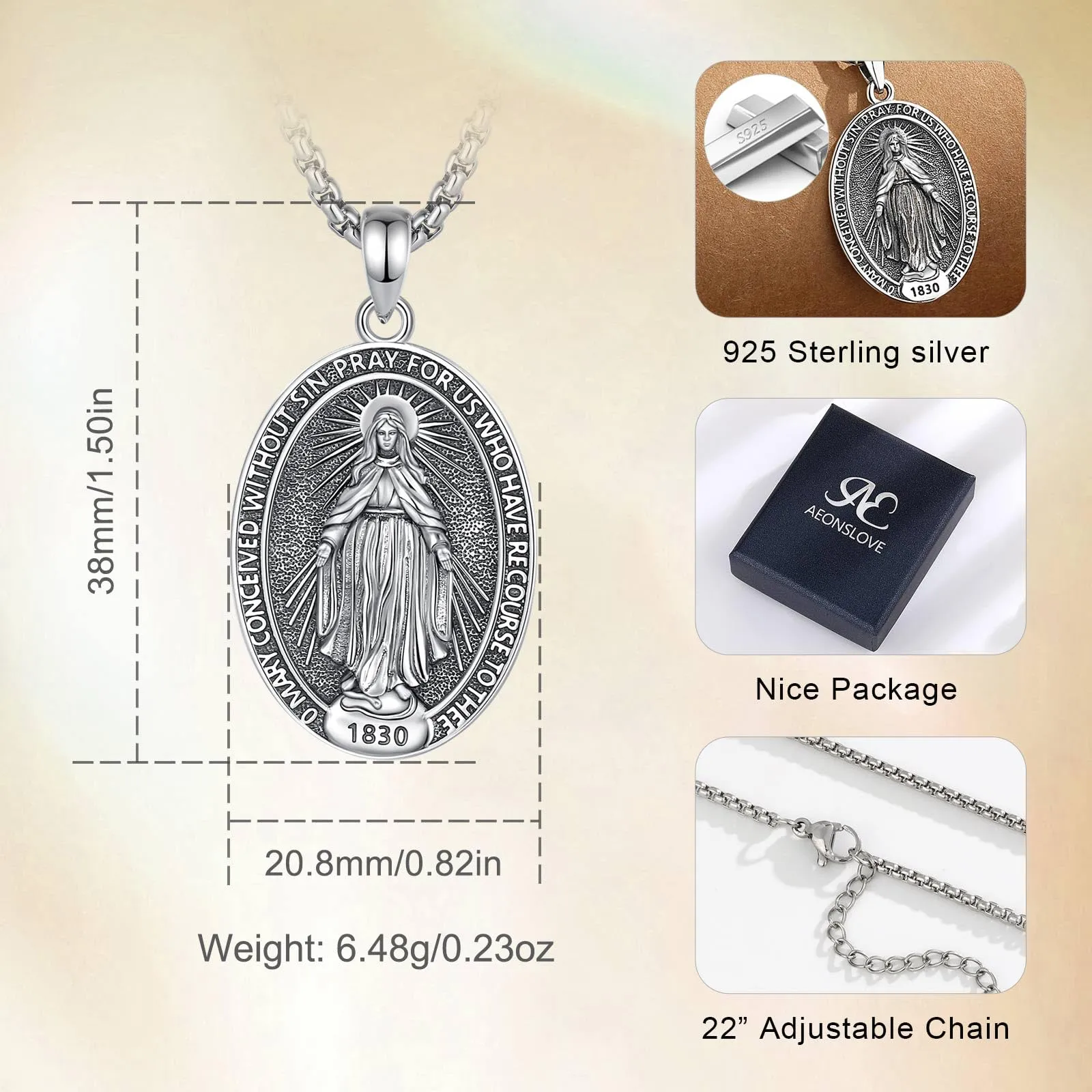 AEONSLOVE Collana Vergine Maria Donna Uomo Medaglia Miracolosa Argento 925 Ciondolo Madonna Miracolosa Delle Grazie Gioielli Cristiano Cattolico Virgin Mary Necklace - immagine 7