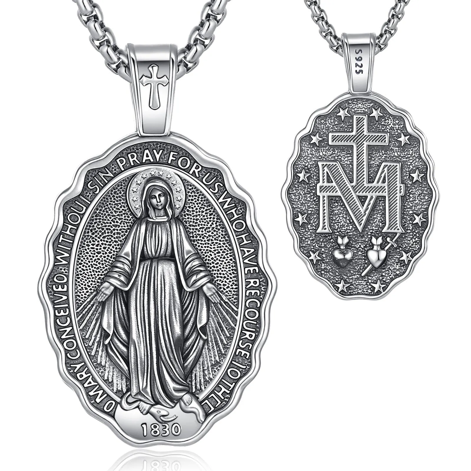 AEONSLOVE Collana Vergine Maria Donna Uomo Medaglia Miracolosa Argento 925 Ciondolo Madonna Miracolosa Delle Grazie Virgin Mary Necklace Gioielli Cristiano Cattolico - immagine 1