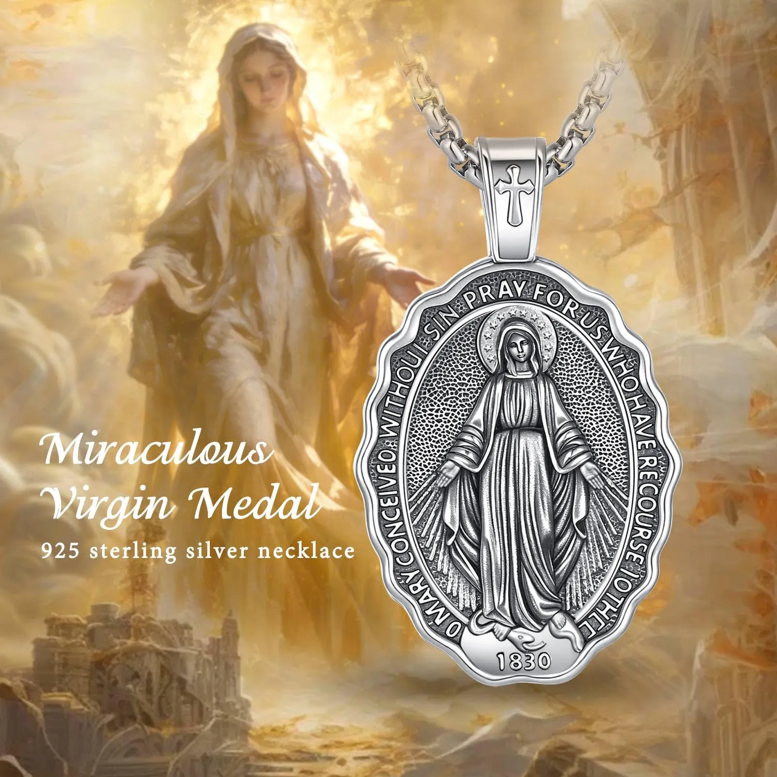 AEONSLOVE Collana Vergine Maria Donna Uomo Medaglia Miracolosa Argento 925 Ciondolo Madonna Miracolosa Delle Grazie Virgin Mary Necklace Gioielli Cristiano Cattolico - immagine 4