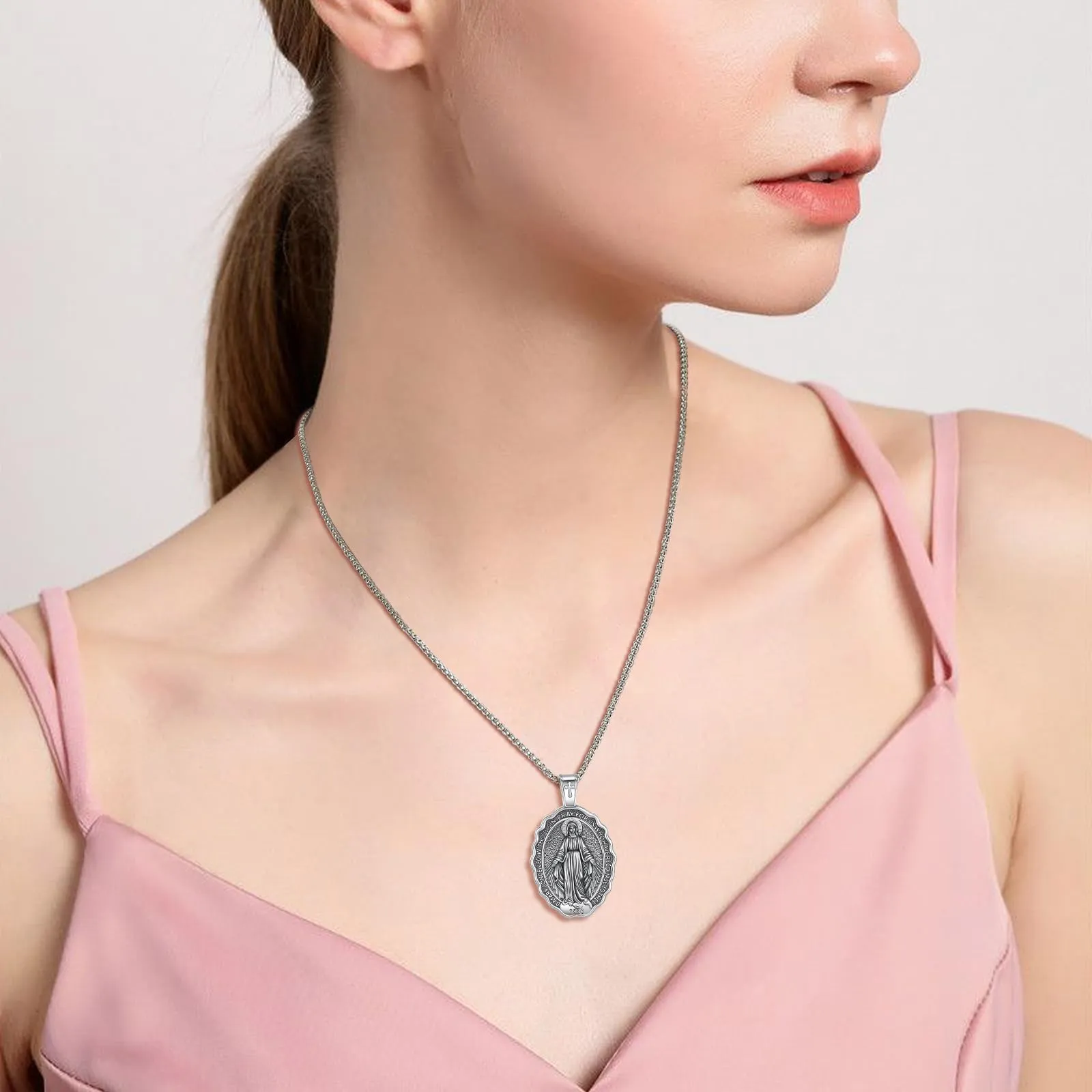 AEONSLOVE Collana Vergine Maria Donna Uomo Medaglia Miracolosa Argento 925 Ciondolo Madonna Miracolosa Delle Grazie Virgin Mary Necklace Gioielli Cristiano Cattolico - immagine 5
