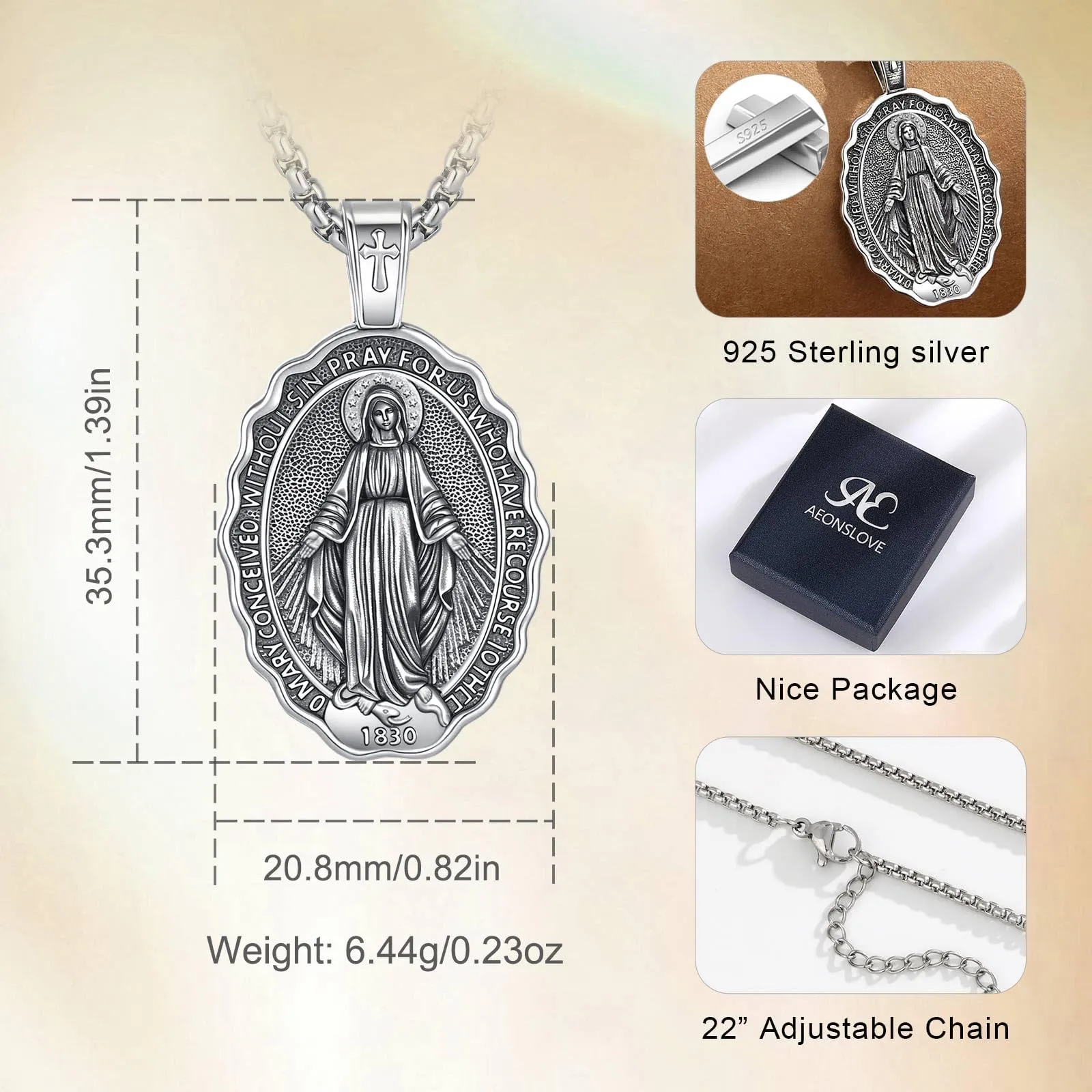 AEONSLOVE Collana Vergine Maria Donna Uomo Medaglia Miracolosa Argento 925 Ciondolo Madonna Miracolosa Delle Grazie Virgin Mary Necklace Gioielli Cristiano Cattolico - immagine 7