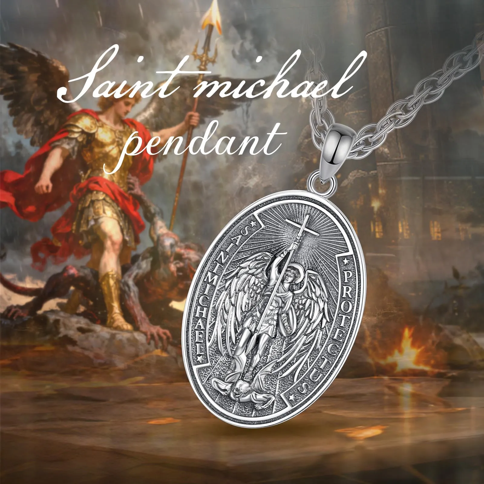 AEONSLOVE Medaglia San Michele Arcangelo Ciondolo Arcangelo Michele Argento 925 Uomo Donna Collana Saint Michael Gioielli Religioso Regalo Cristiano Cattolico - immagine 5