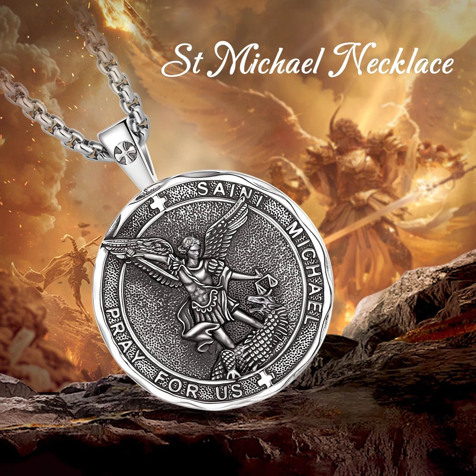 AEONSLOVE Medaglia San Michele Arcangelo Ciondolo Arcangelo Michele Argento 925 Uomo Donna Collana Saint Michael Gioielli Religioso Regalo Cattolico Cristiano - immagine 4