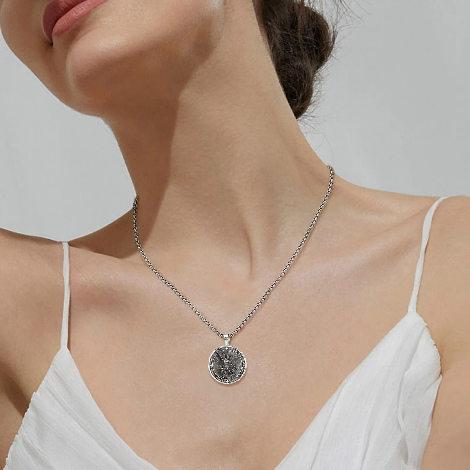 AEONSLOVE Medaglia San Michele Arcangelo Ciondolo Arcangelo Michele Argento 925 Uomo Donna Collana Saint Michael Gioielli Religioso Regalo Cattolico Cristiano - immagine 6
