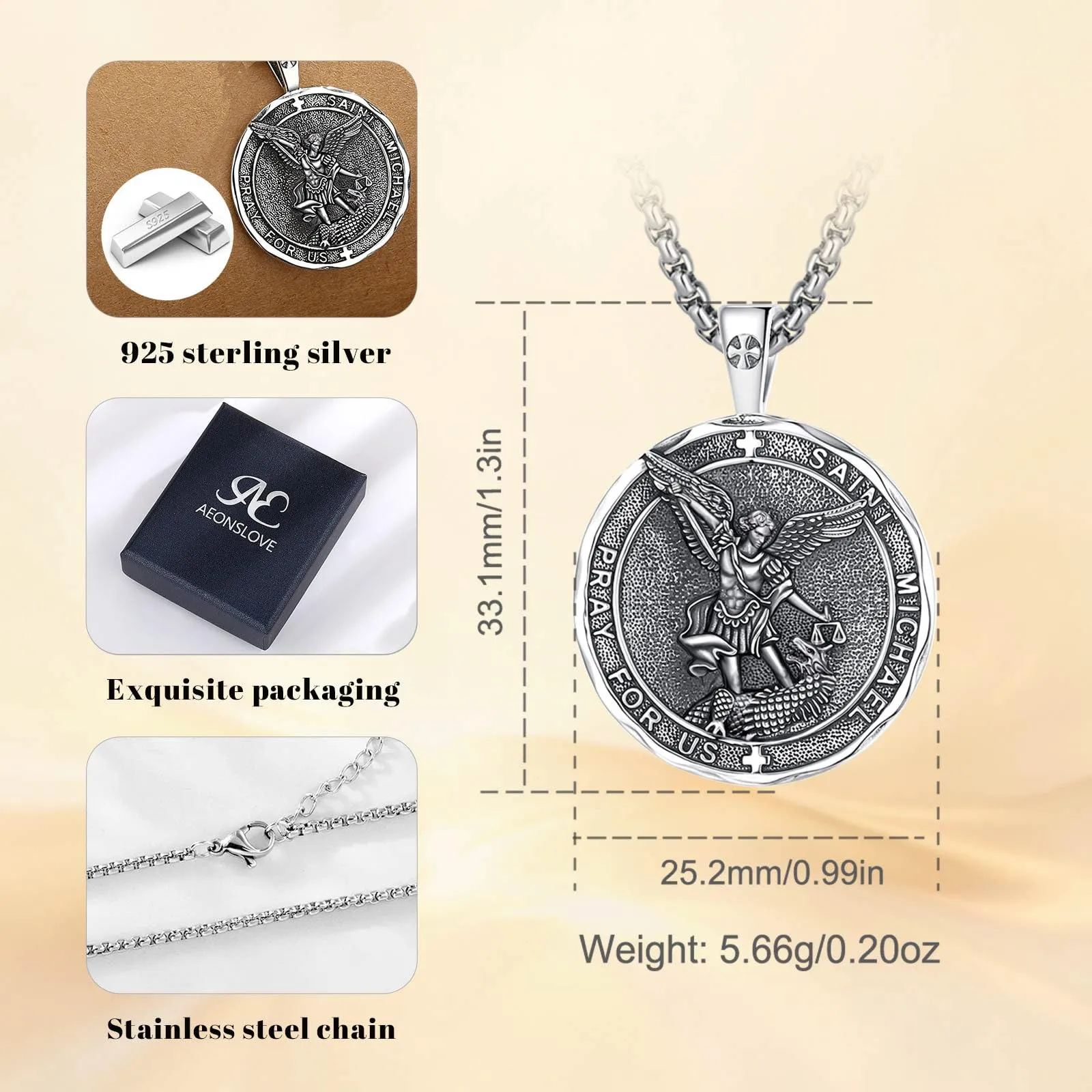 AEONSLOVE Medaglia San Michele Arcangelo Ciondolo Arcangelo Michele Argento 925 Uomo Donna Collana Saint Michael Gioielli Religioso Regalo Cattolico Cristiano - immagine 7