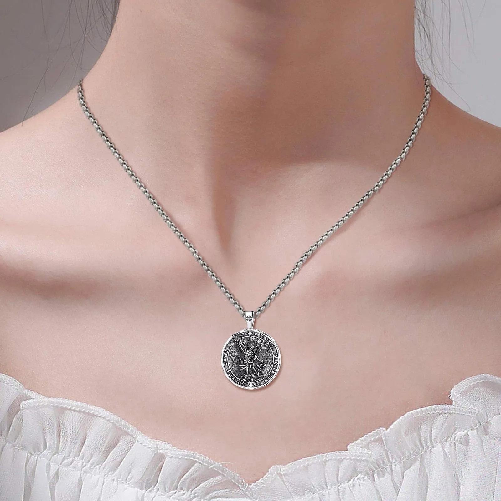 AEONSLOVE Medaglia San Michele Arcangelo Ciondolo Arcangelo Michele Argento 925 Uomo Donna Collana Saint Michael Gioielli Religioso Regalo Cattolico Cristiano - immagine 9