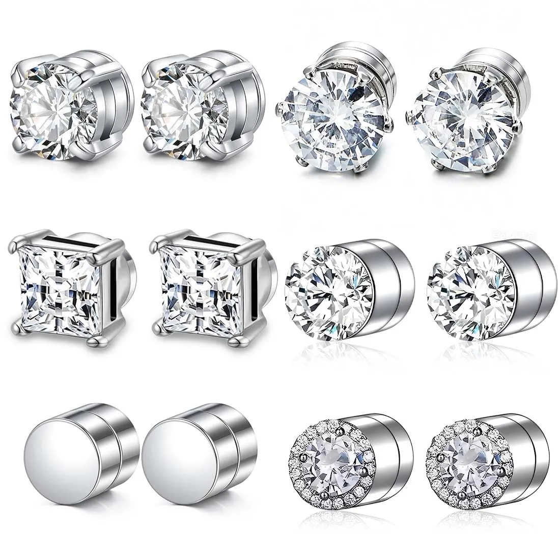 IKOPFLN Orecchini Magnetici Uomo, Orecchini Finti Uomo Senza Foro Con Strass Per Ogni Occasione E Stile Quotidiano, 8mm, 6 Paia - immagine 1