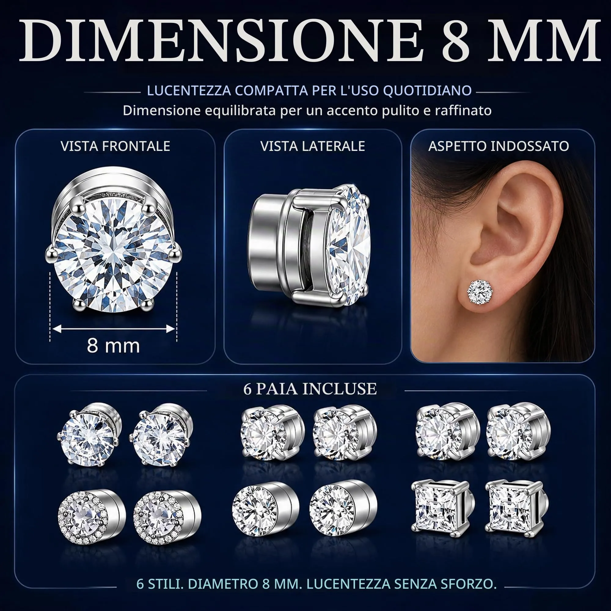 IKOPFLN Orecchini Magnetici Uomo, Orecchini Finti Uomo Senza Foro Con Strass Per Ogni Occasione E Stile Quotidiano, 8mm, 6 Paia - immagine 2