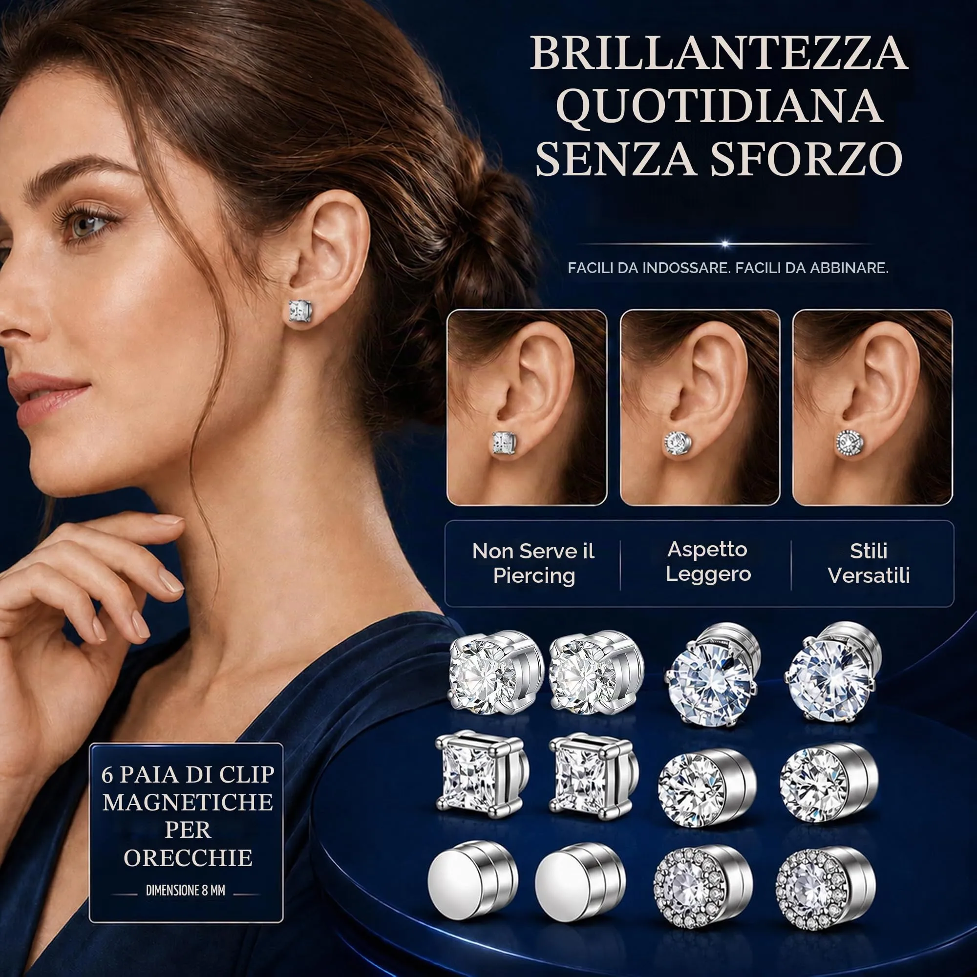 IKOPFLN Orecchini Magnetici Uomo, Orecchini Finti Uomo Senza Foro Con Strass Per Ogni Occasione E Stile Quotidiano, 8mm, 6 Paia - immagine 3