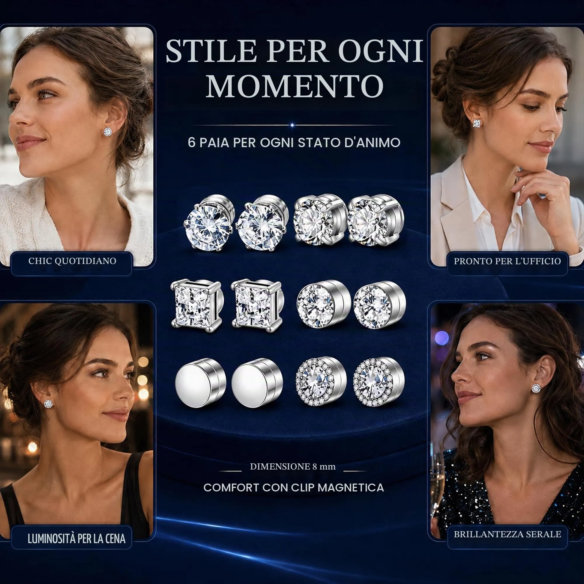 IKOPFLN Orecchini Magnetici Uomo, Orecchini Finti Uomo Senza Foro Con Strass Per Ogni Occasione E Stile Quotidiano, 8mm, 6 Paia - immagine 4