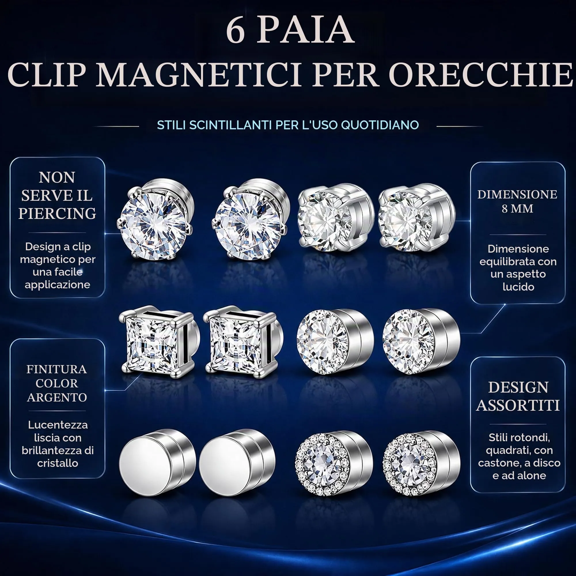 IKOPFLN Orecchini Magnetici Uomo, Orecchini Finti Uomo Senza Foro Con Strass Per Ogni Occasione E Stile Quotidiano, 8mm, 6 Paia - immagine 5