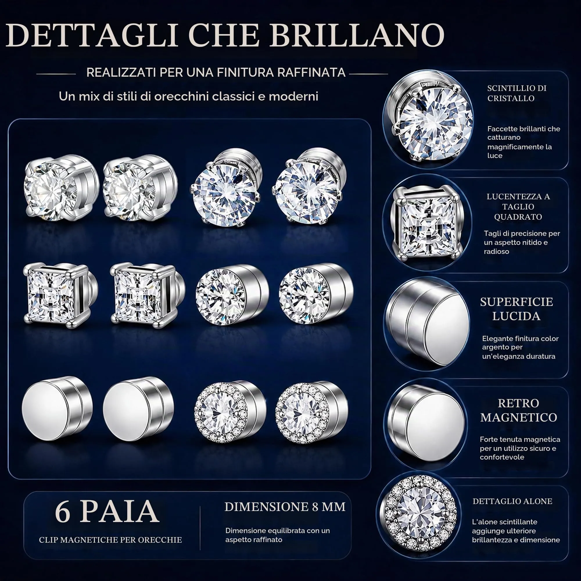 IKOPFLN Orecchini Magnetici Uomo, Orecchini Finti Uomo Senza Foro Con Strass Per Ogni Occasione E Stile Quotidiano, 8mm, 6 Paia - immagine 6