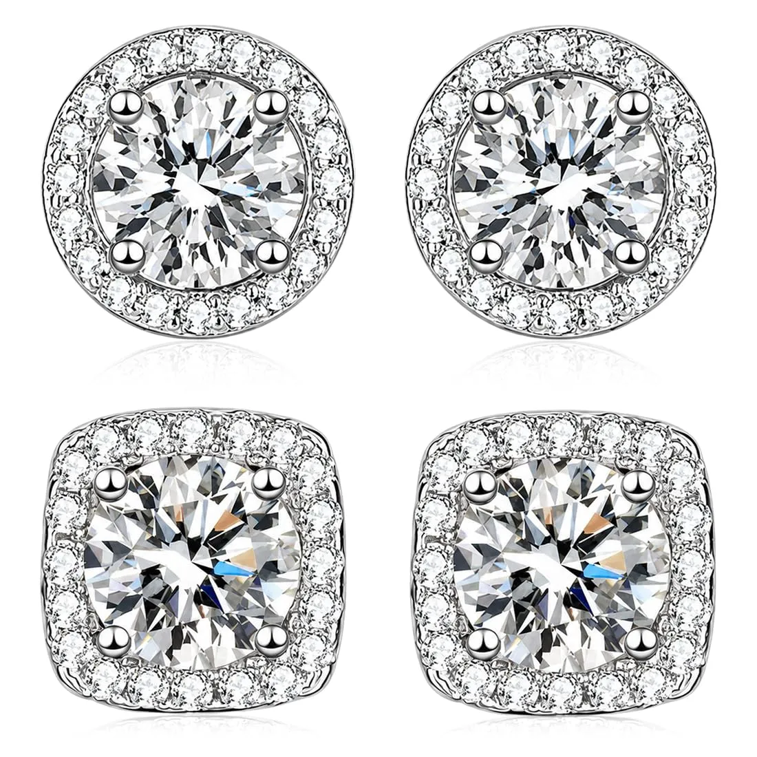 FCPEAG 2 Paia Orecchini Argento Uomo Donna Orecchini Diamante Zirconi Cubici Quadrati Rotondi Brillantino Set Orecchino a Lobo Ipoallergenici Placcati Oro Orecchino Simulato Halo - immagine 1