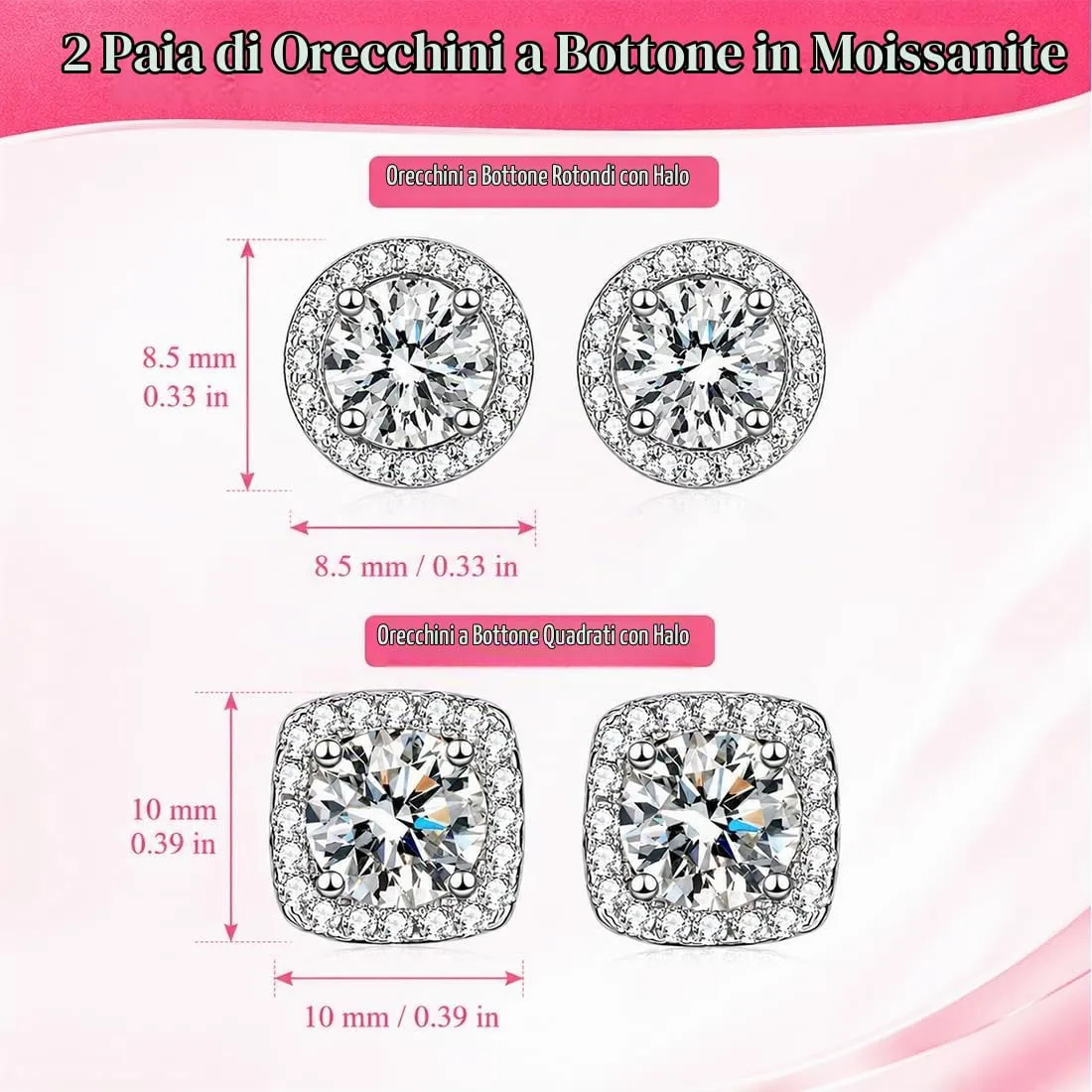 FCPEAG 2 Paia Orecchini Argento Uomo Donna Orecchini Diamante Zirconi Cubici Quadrati Rotondi Brillantino Set Orecchino a Lobo Ipoallergenici Placcati Oro Orecchino Simulato Halo - immagine 2