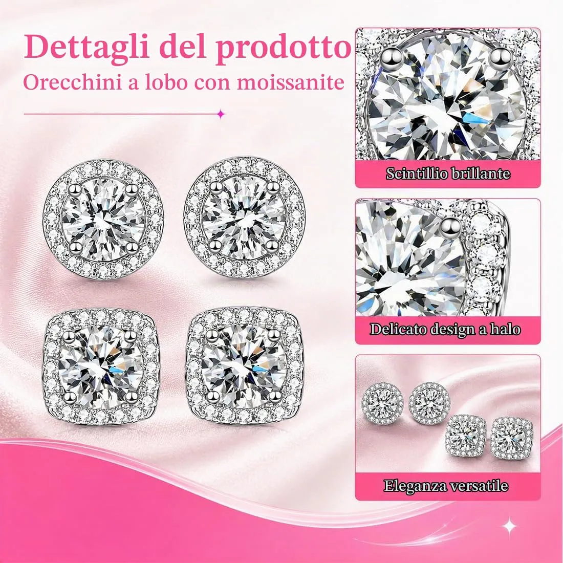 FCPEAG 2 Paia Orecchini Argento Uomo Donna Orecchini Diamante Zirconi Cubici Quadrati Rotondi Brillantino Set Orecchino a Lobo Ipoallergenici Placcati Oro Orecchino Simulato Halo - immagine 3