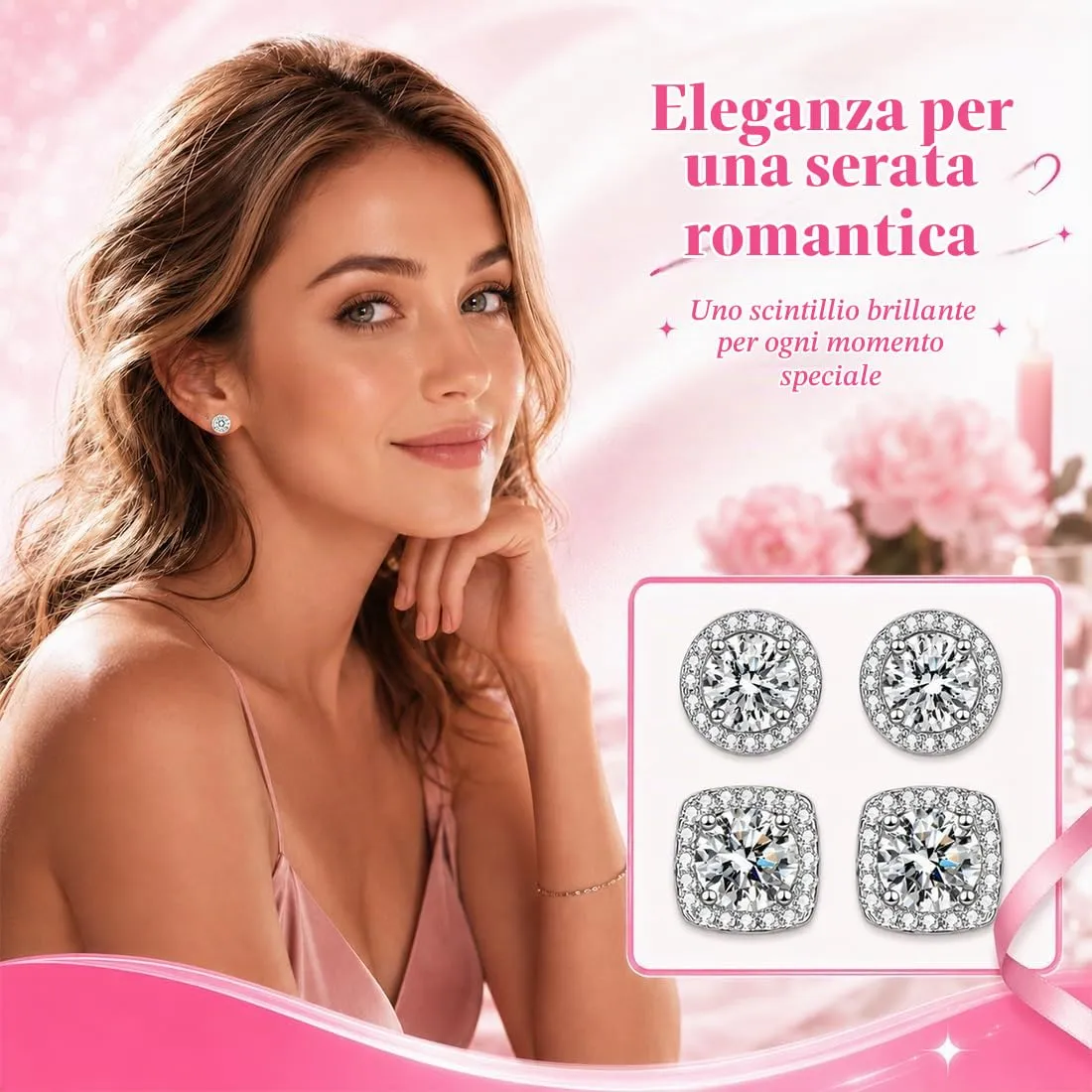 FCPEAG 2 Paia Orecchini Argento Uomo Donna Orecchini Diamante Zirconi Cubici Quadrati Rotondi Brillantino Set Orecchino a Lobo Ipoallergenici Placcati Oro Orecchino Simulato Halo - immagine 4