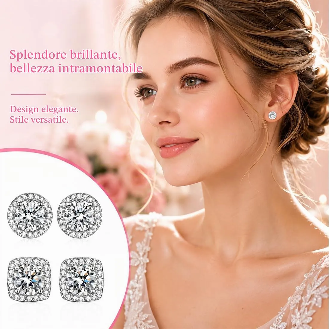 FCPEAG 2 Paia Orecchini Argento Uomo Donna Orecchini Diamante Zirconi Cubici Quadrati Rotondi Brillantino Set Orecchino a Lobo Ipoallergenici Placcati Oro Orecchino Simulato Halo - immagine 5