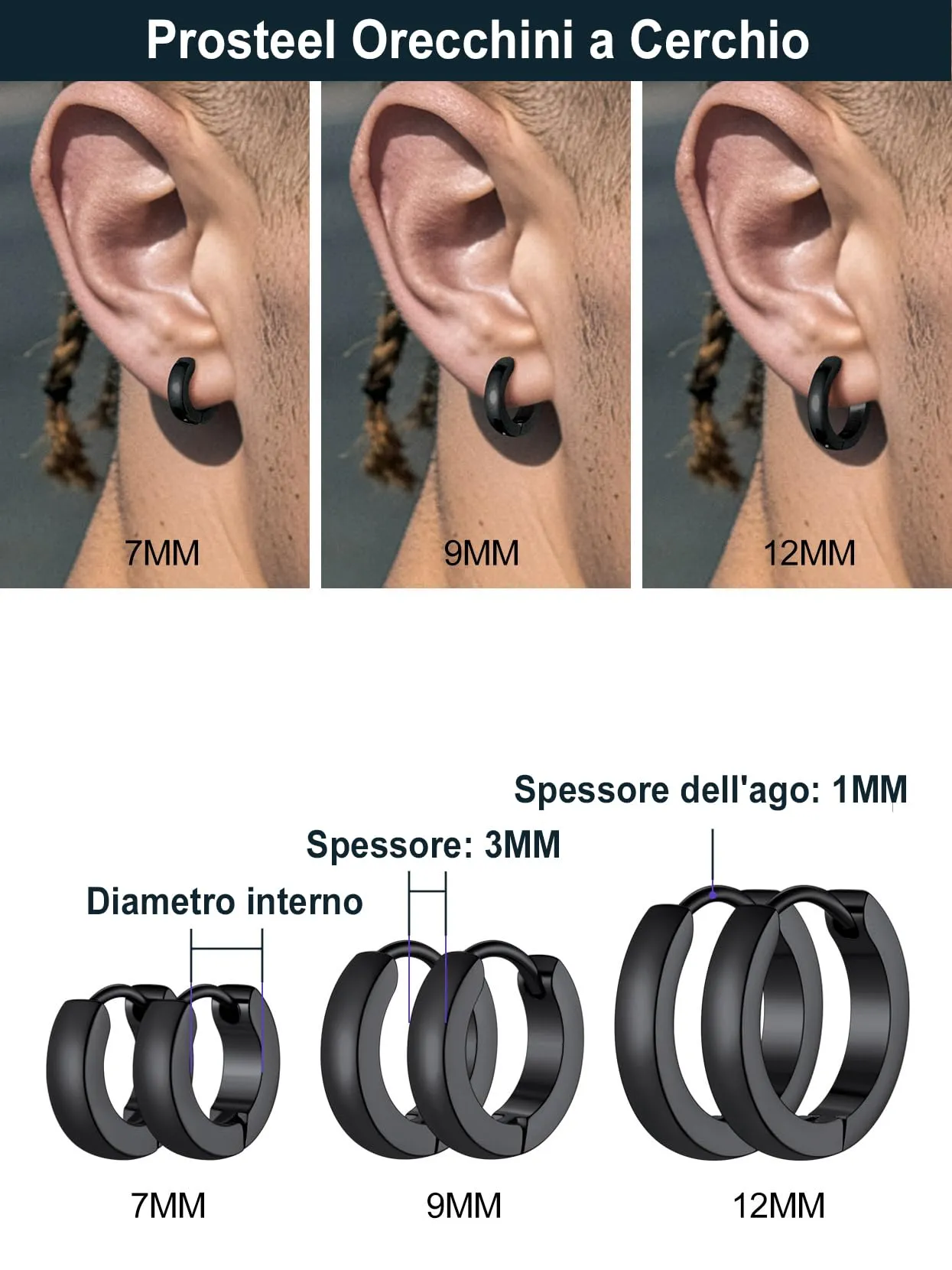 PROSTEEL 3 Paia Orecchini a Cerchio Uomo Donna Cerchietti Orecchini Nero 7/9/12 mm in Acciaio Inossidabile con Confezione Regalo - immagine 3