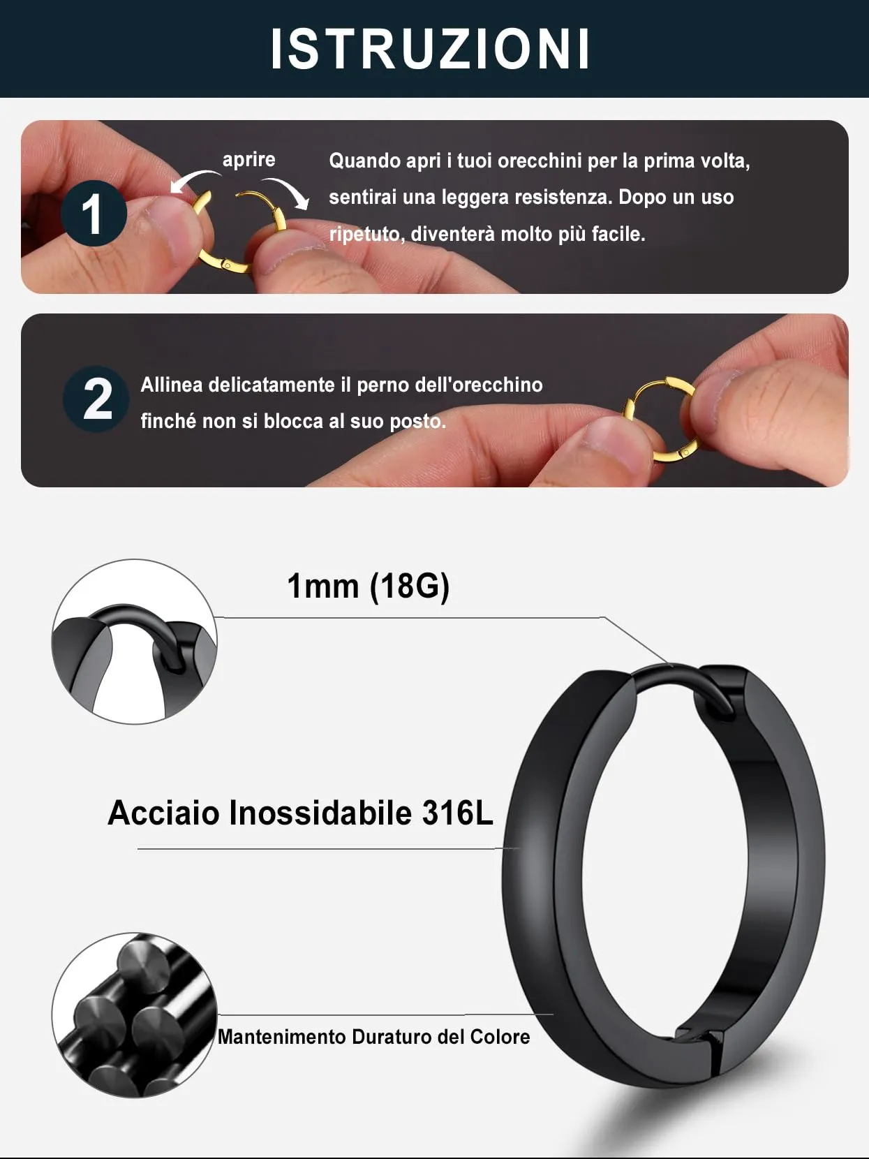 PROSTEEL 3 Paia Orecchini a Cerchio Uomo Donna Cerchietti Orecchini Nero 7/9/12 mm in Acciaio Inossidabile con Confezione Regalo - immagine 5