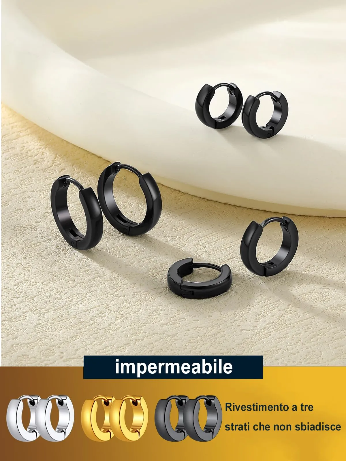 PROSTEEL 3 Paia Orecchini a Cerchio Uomo Donna Cerchietti Orecchini Nero 7/9/12 mm in Acciaio Inossidabile con Confezione Regalo - immagine 6